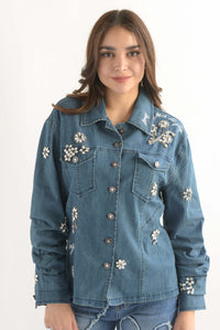 Fashion Styled Shacket manga drapeada joyas Denim