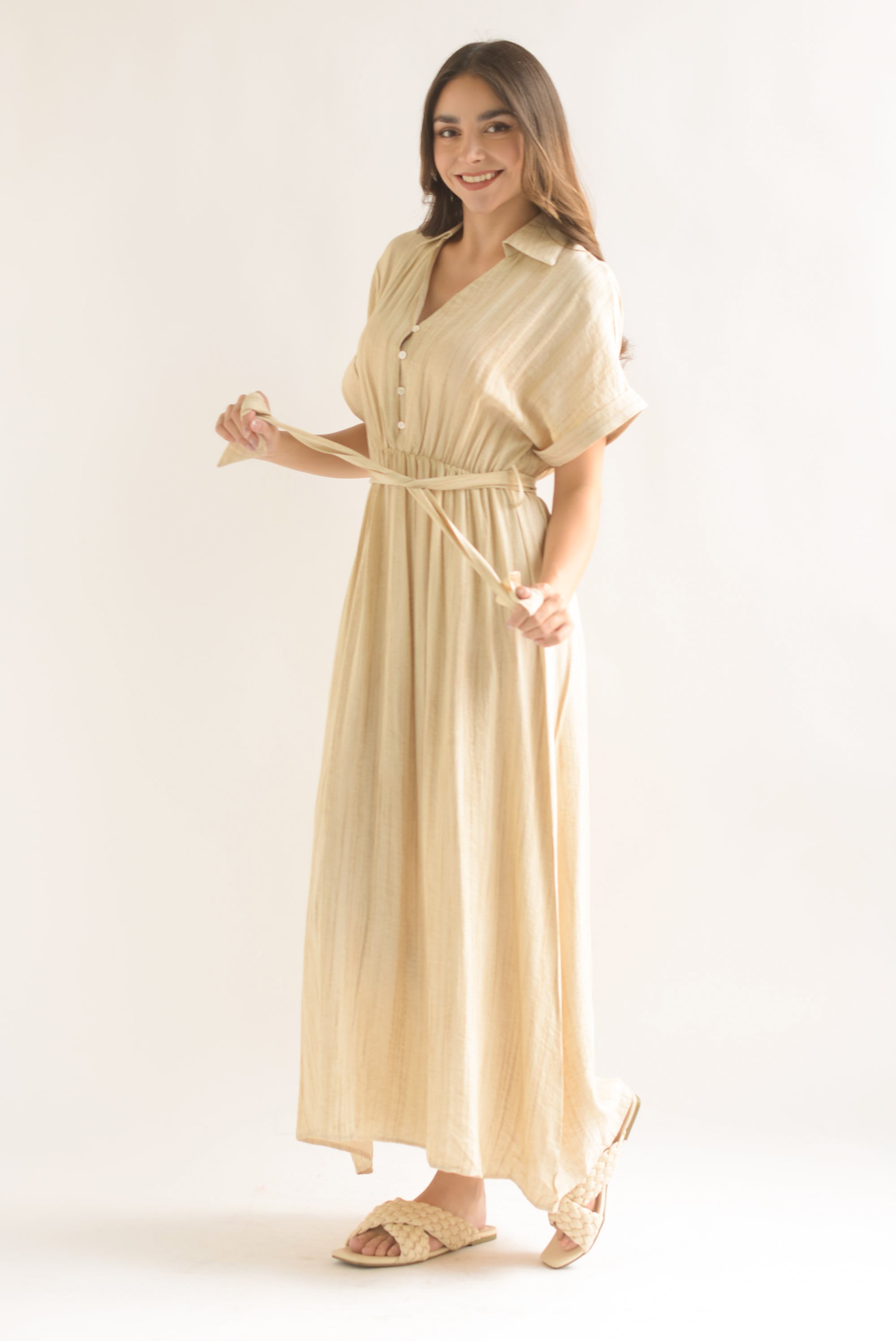 Vestido camisero simulación lino Beige