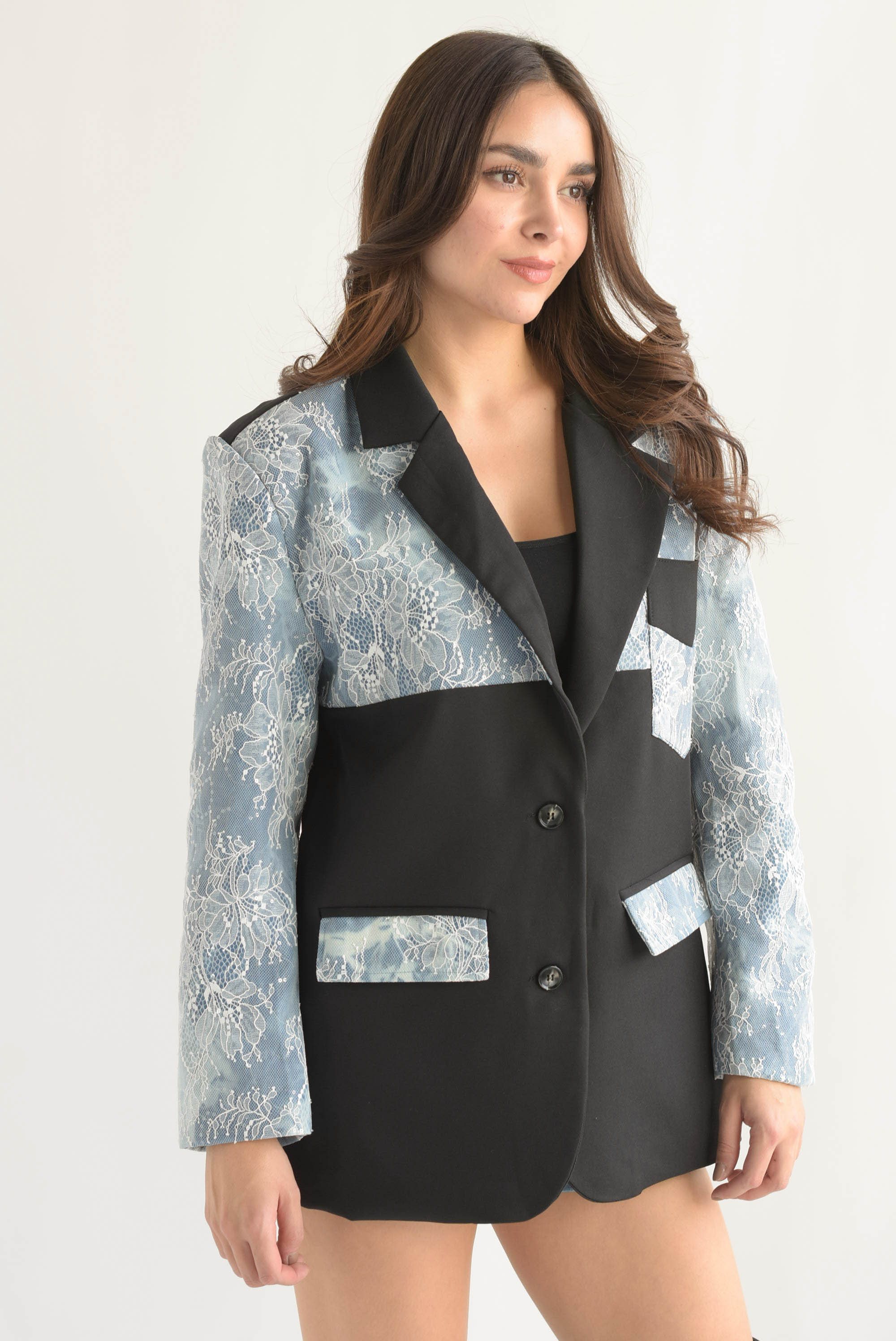 Blazer mangas Denim con encaje Negro