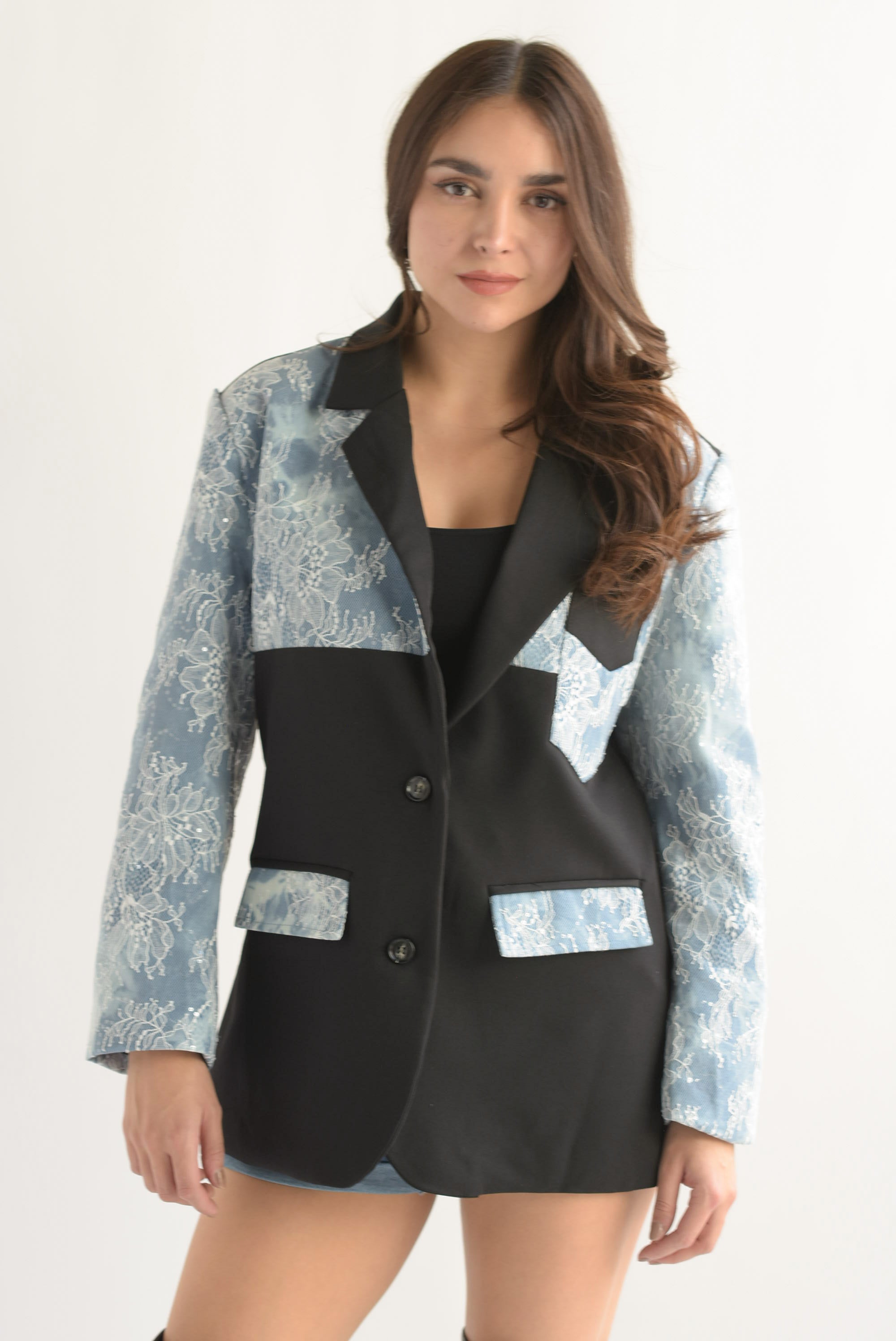 Blazer mangas Denim con encaje Negro