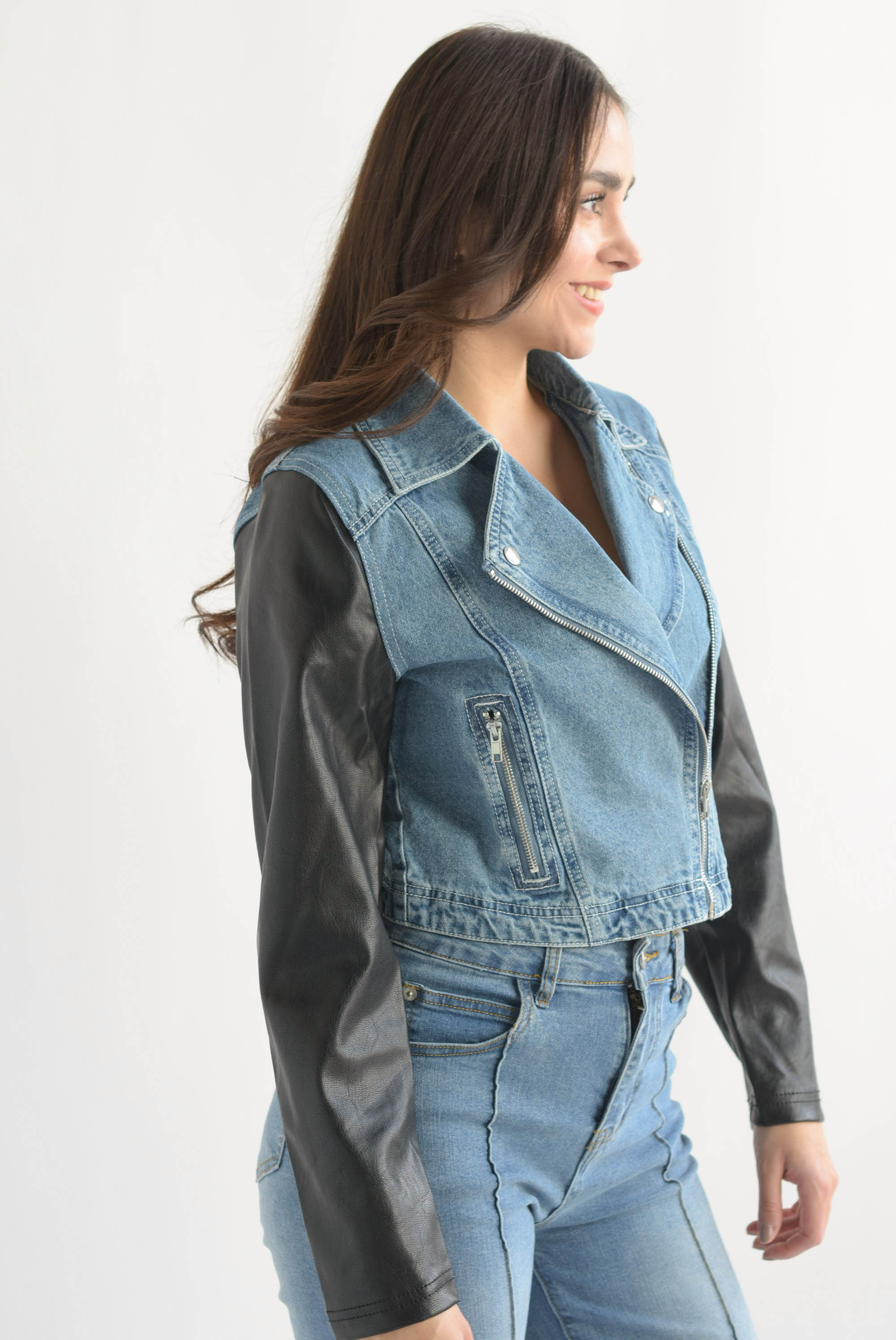 Chamarra biker Denim mangas vinipiel Negro