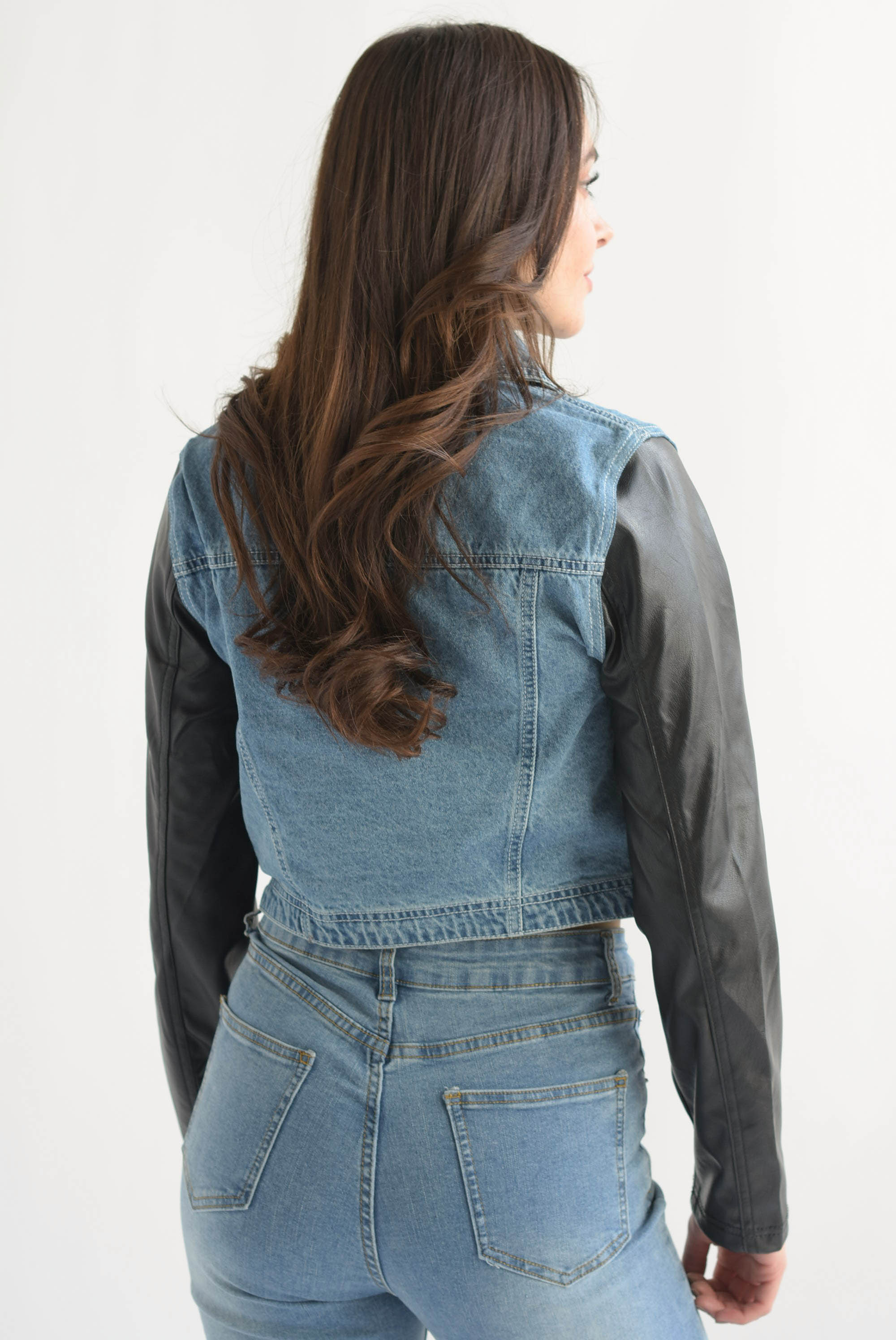 Chamarra biker Denim mangas vinipiel Negro