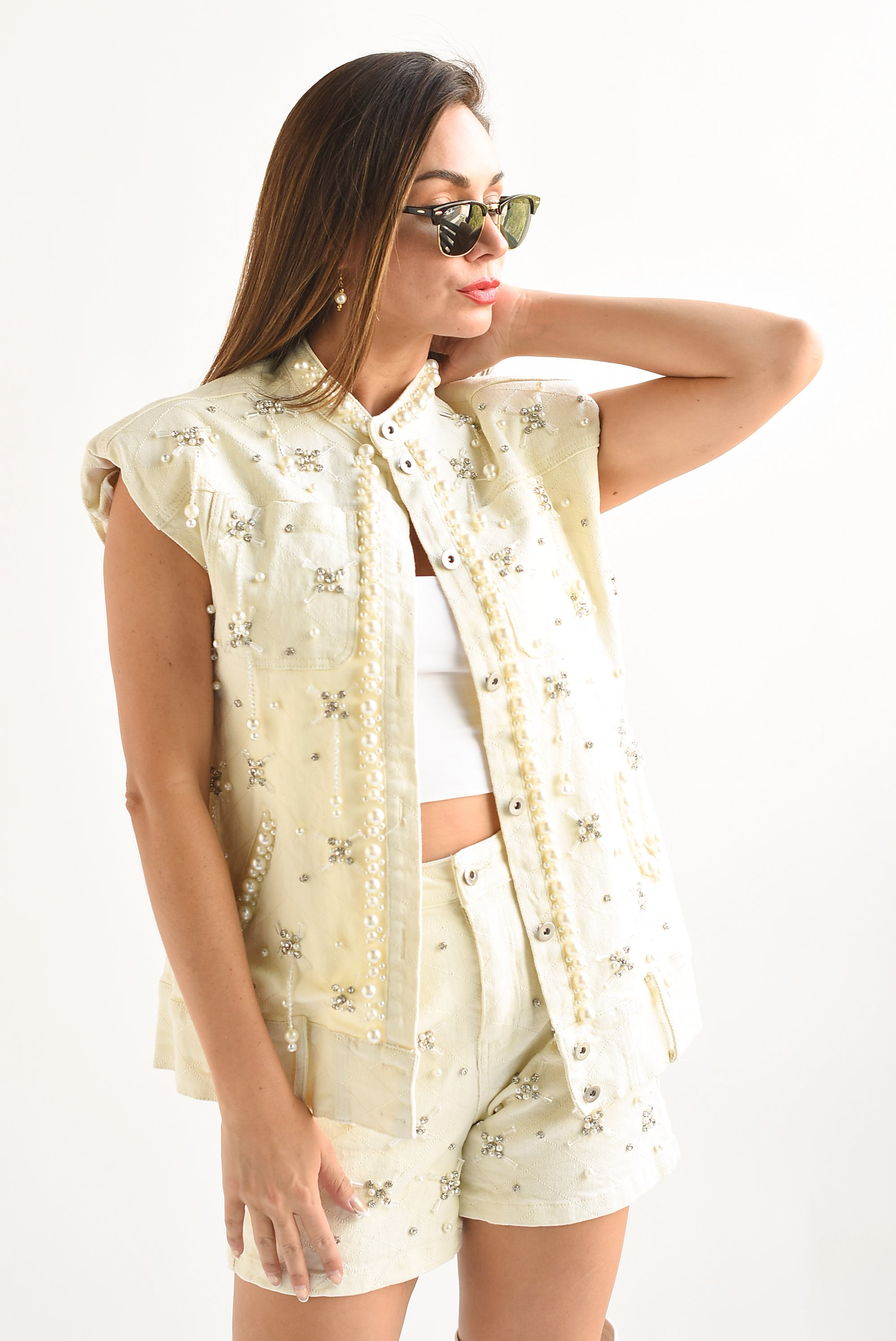 Set Short y Chaleco joyas y perlas Denim Ivory