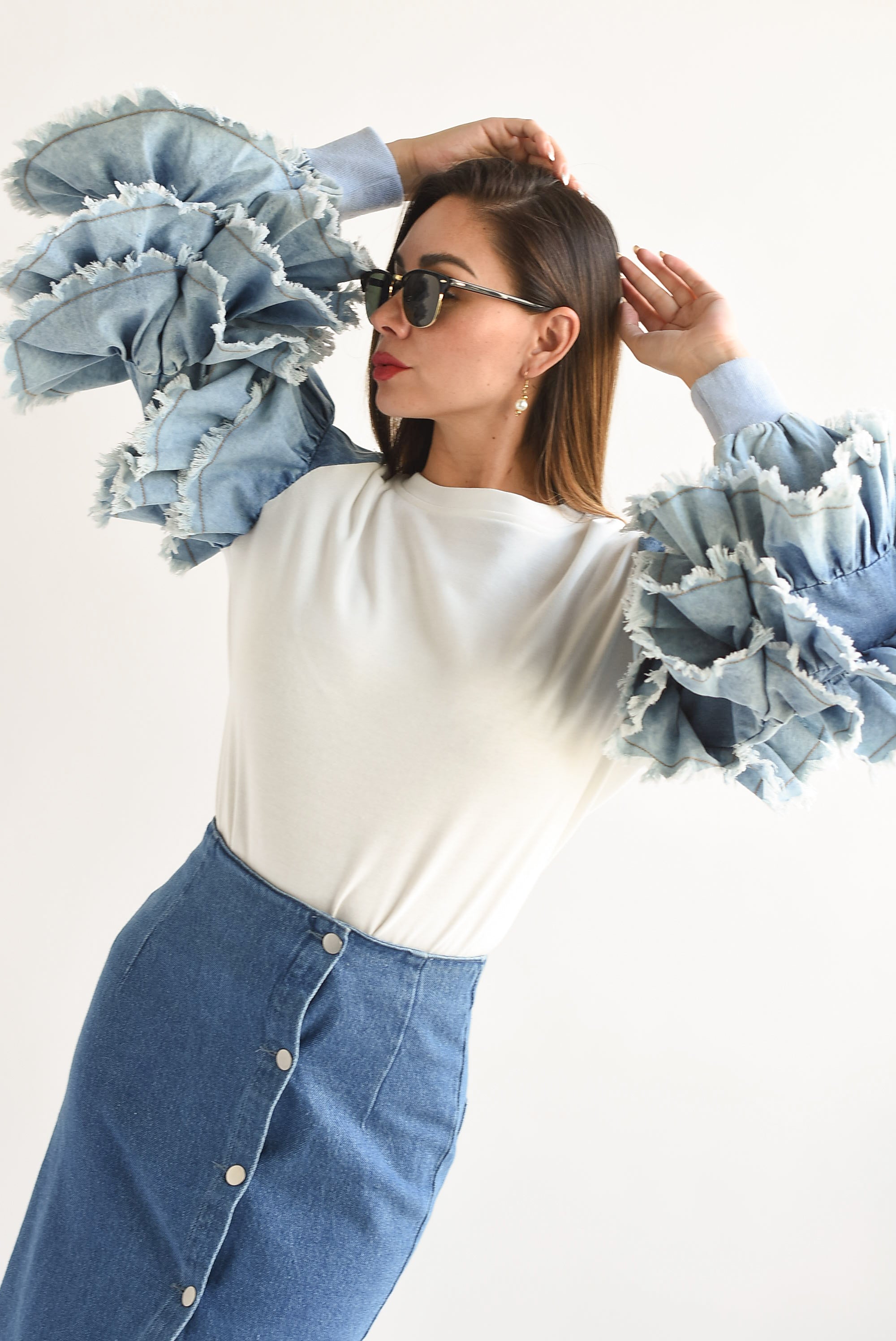 Blusa manga Denim escarola Blanco