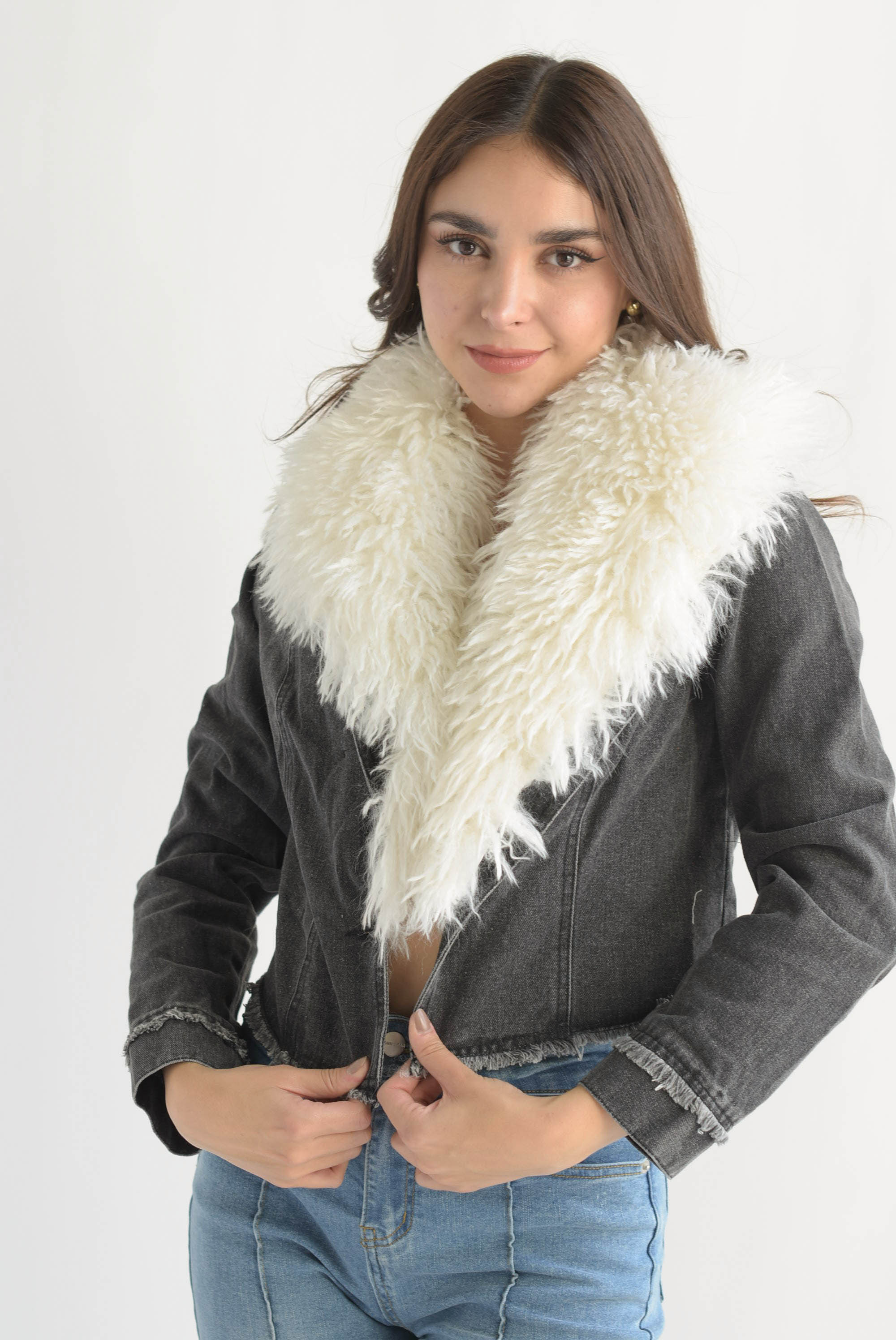 Blazer Denim cuello fur Negro
