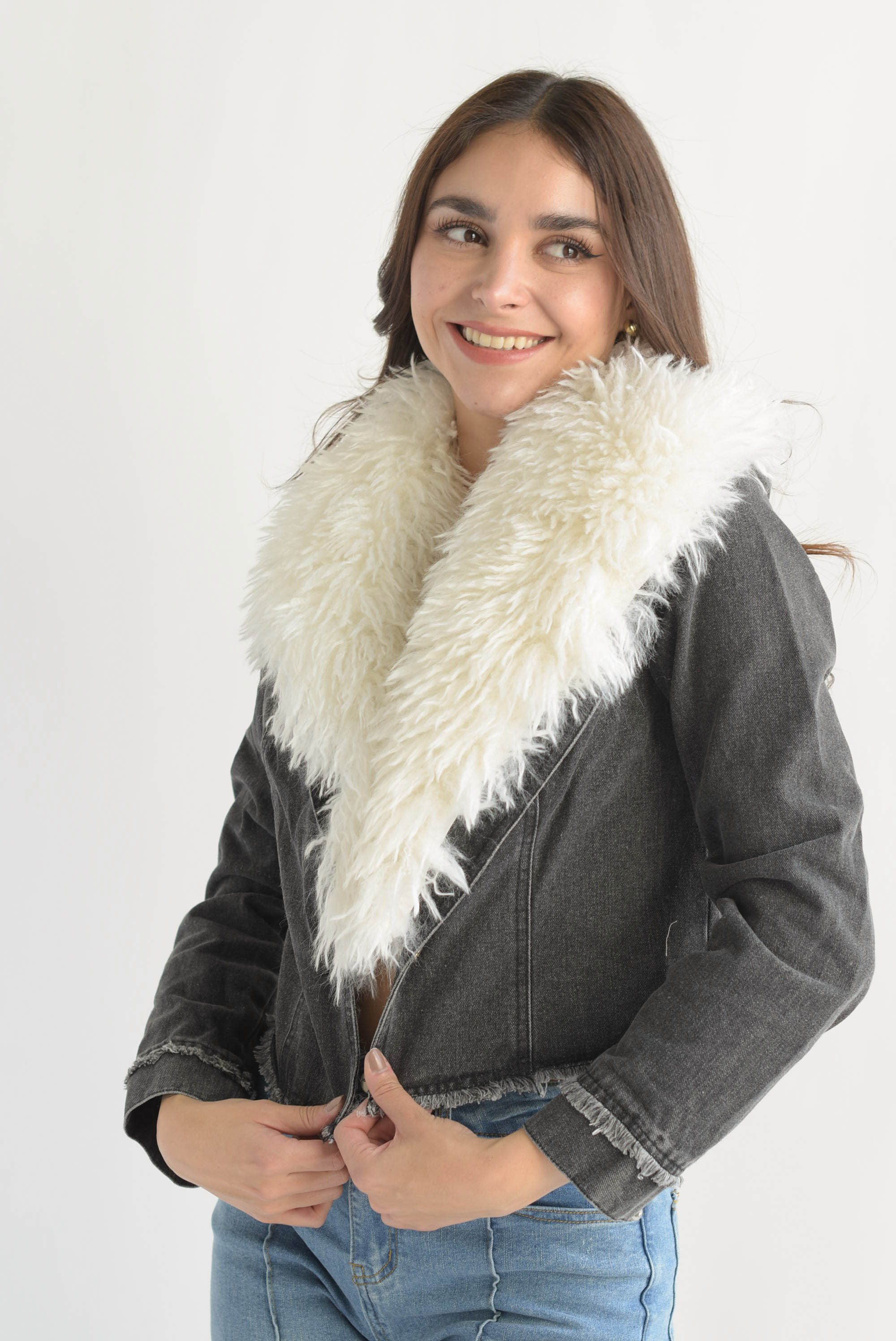 Blazer Denim cuello fur Negro
