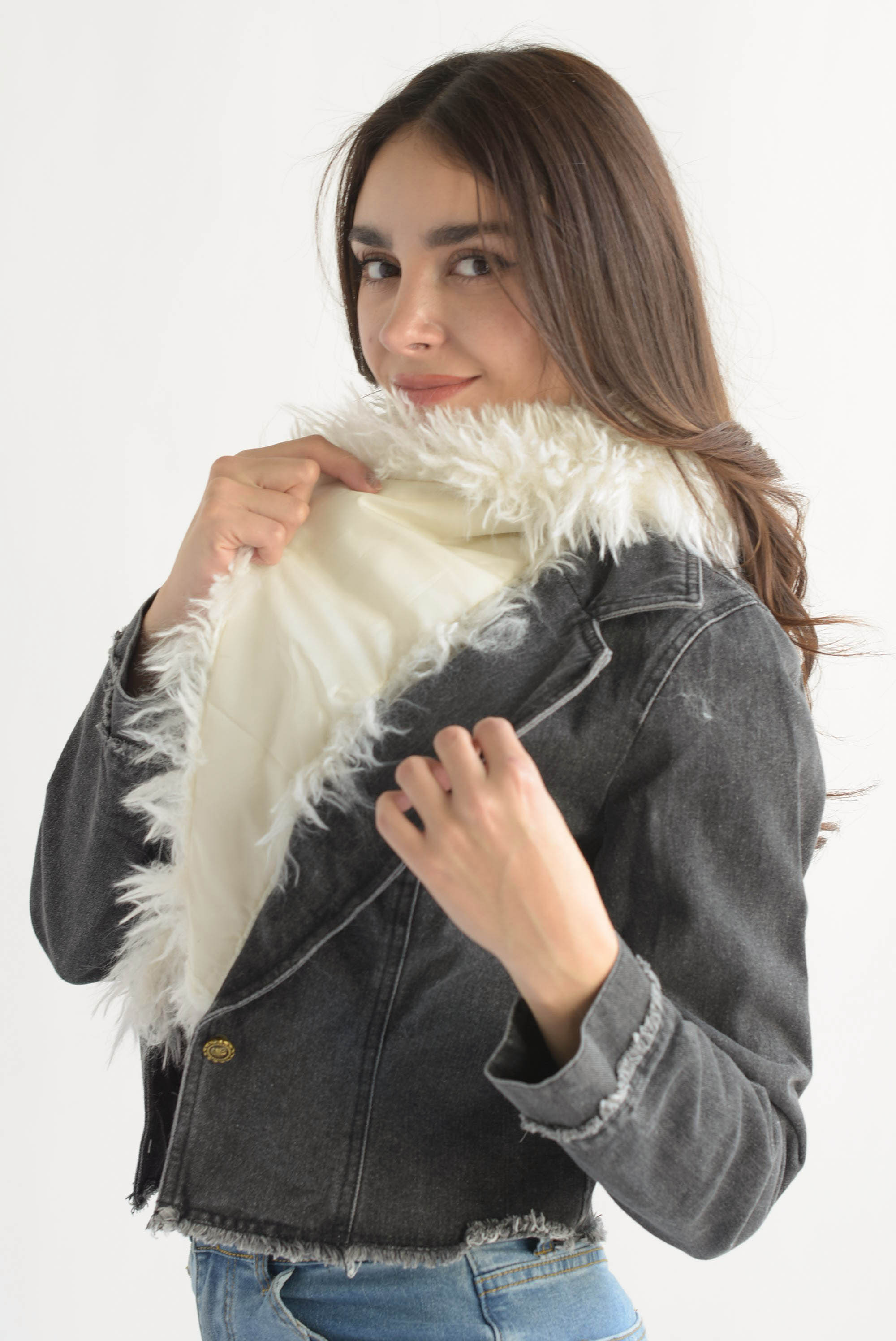 Blazer Denim cuello fur Negro