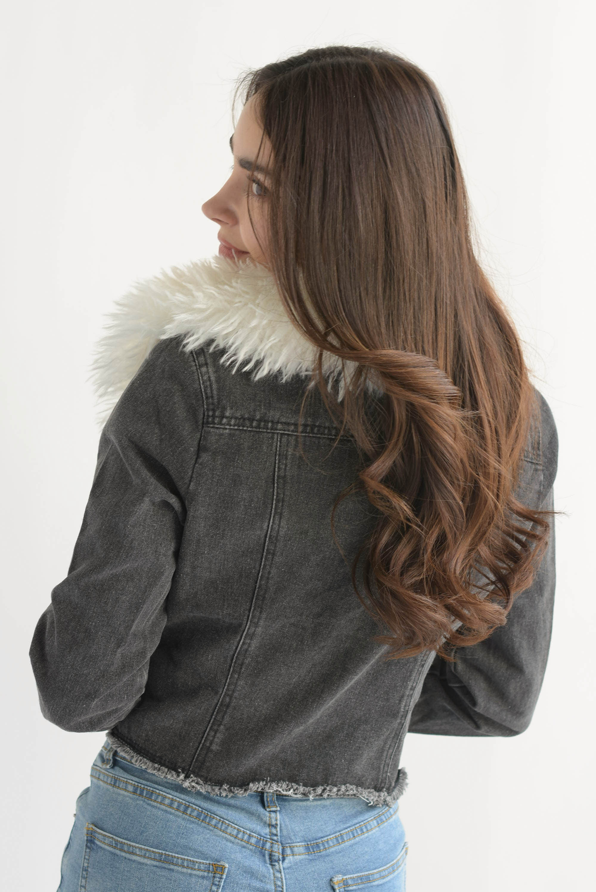 Blazer Denim cuello fur Negro