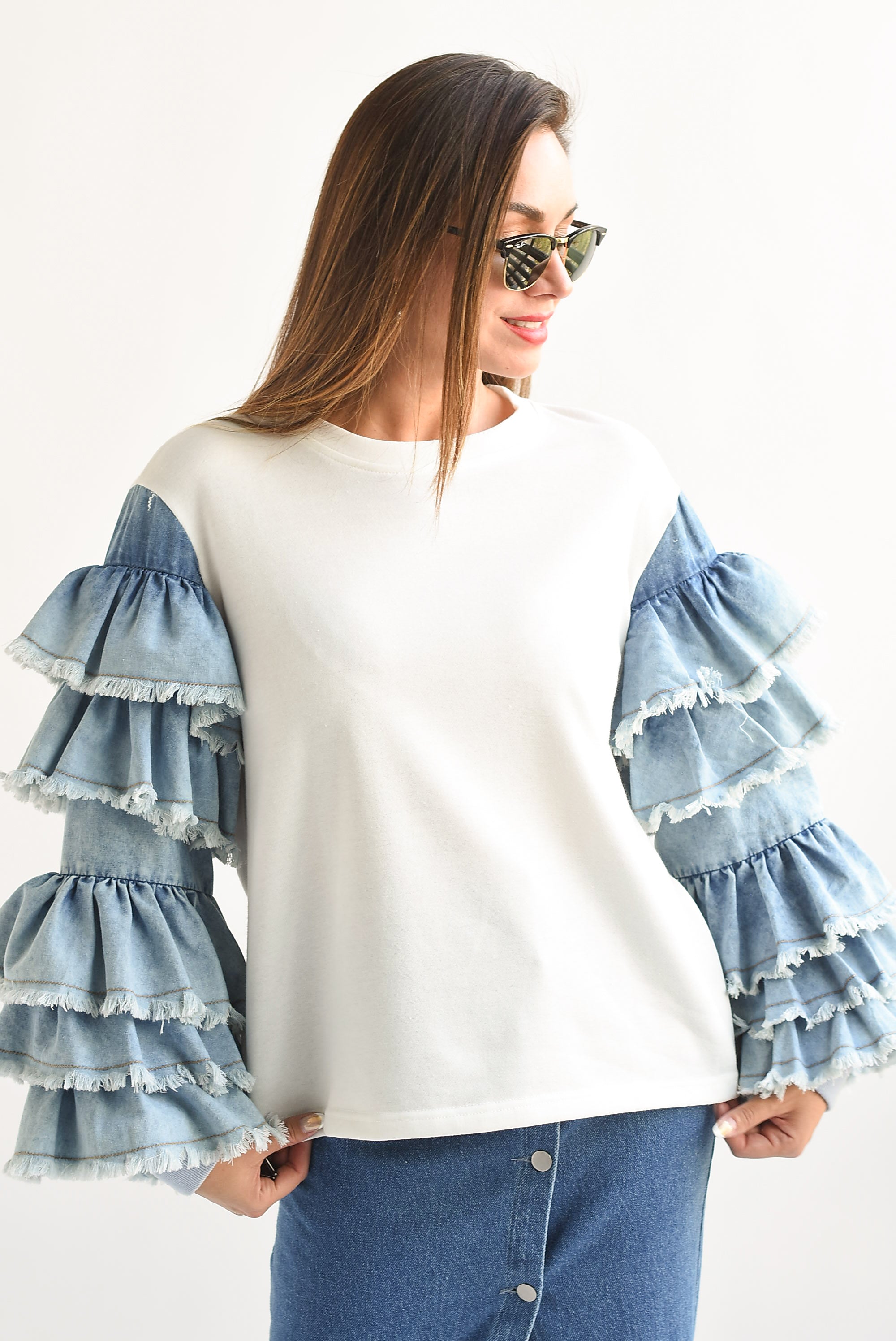 Blusa manga Denim escarola Blanco