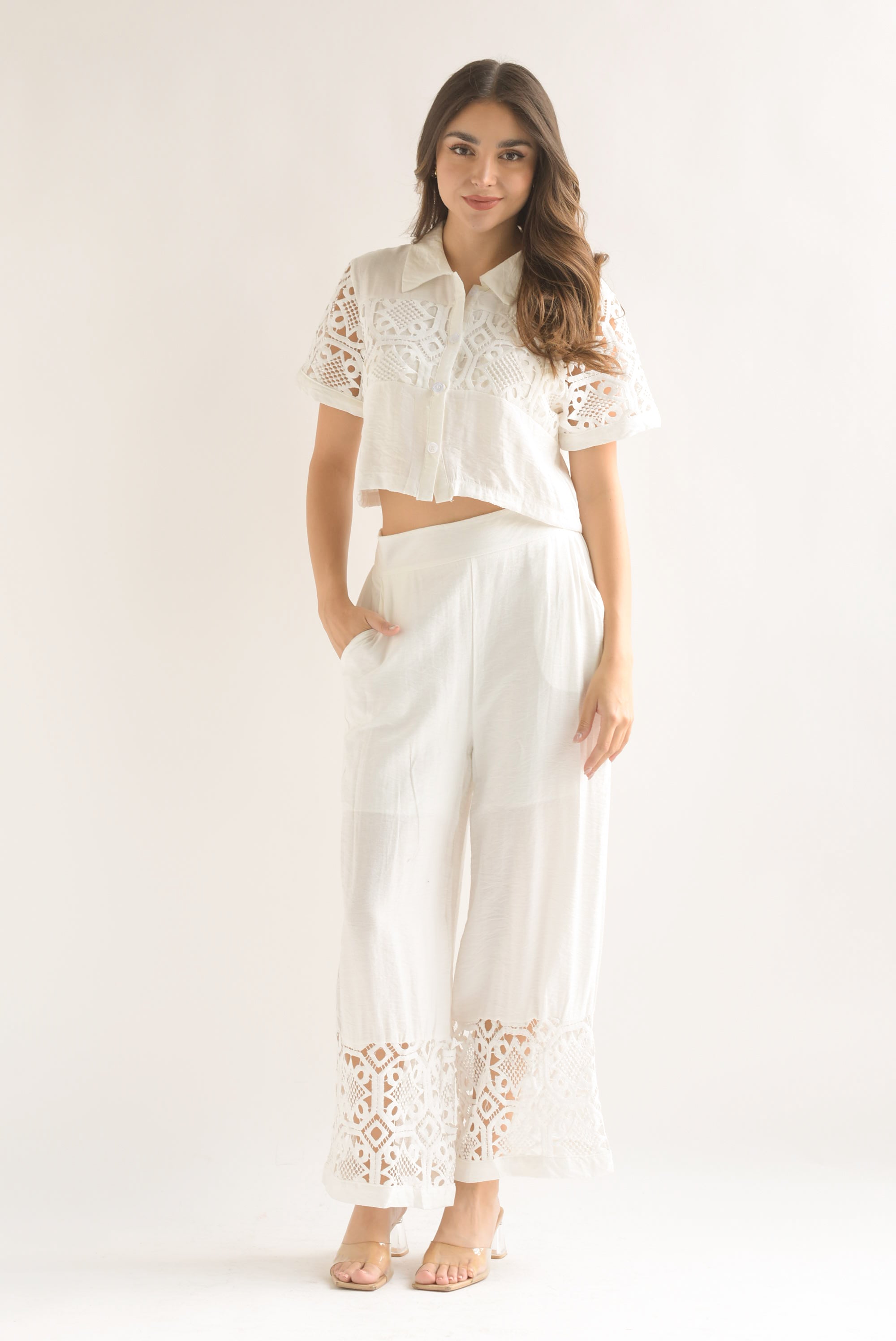 Set Pantalón y Blusa tira guipur Blanco