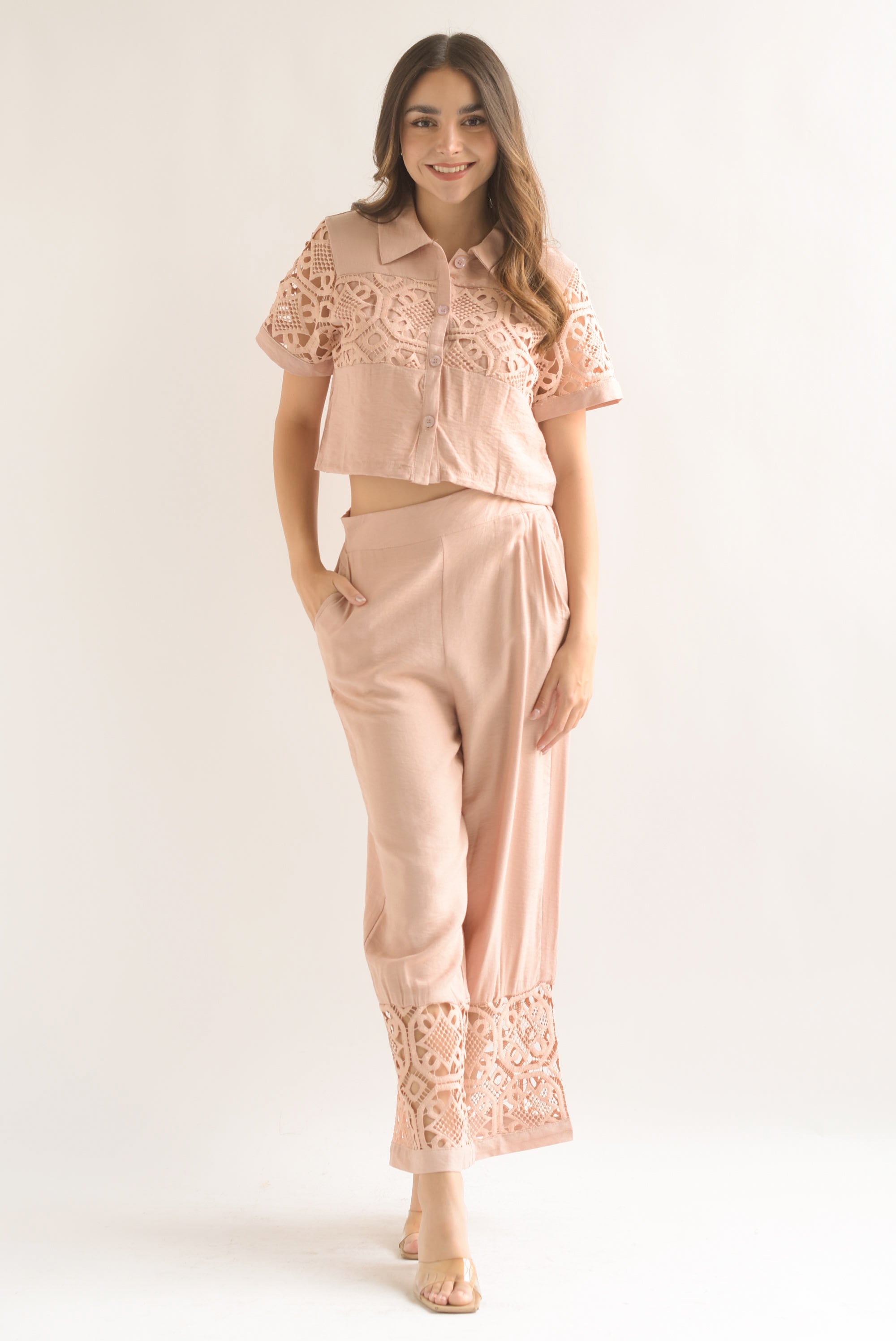 Set Pantalón y Blusa tira guipur Blush