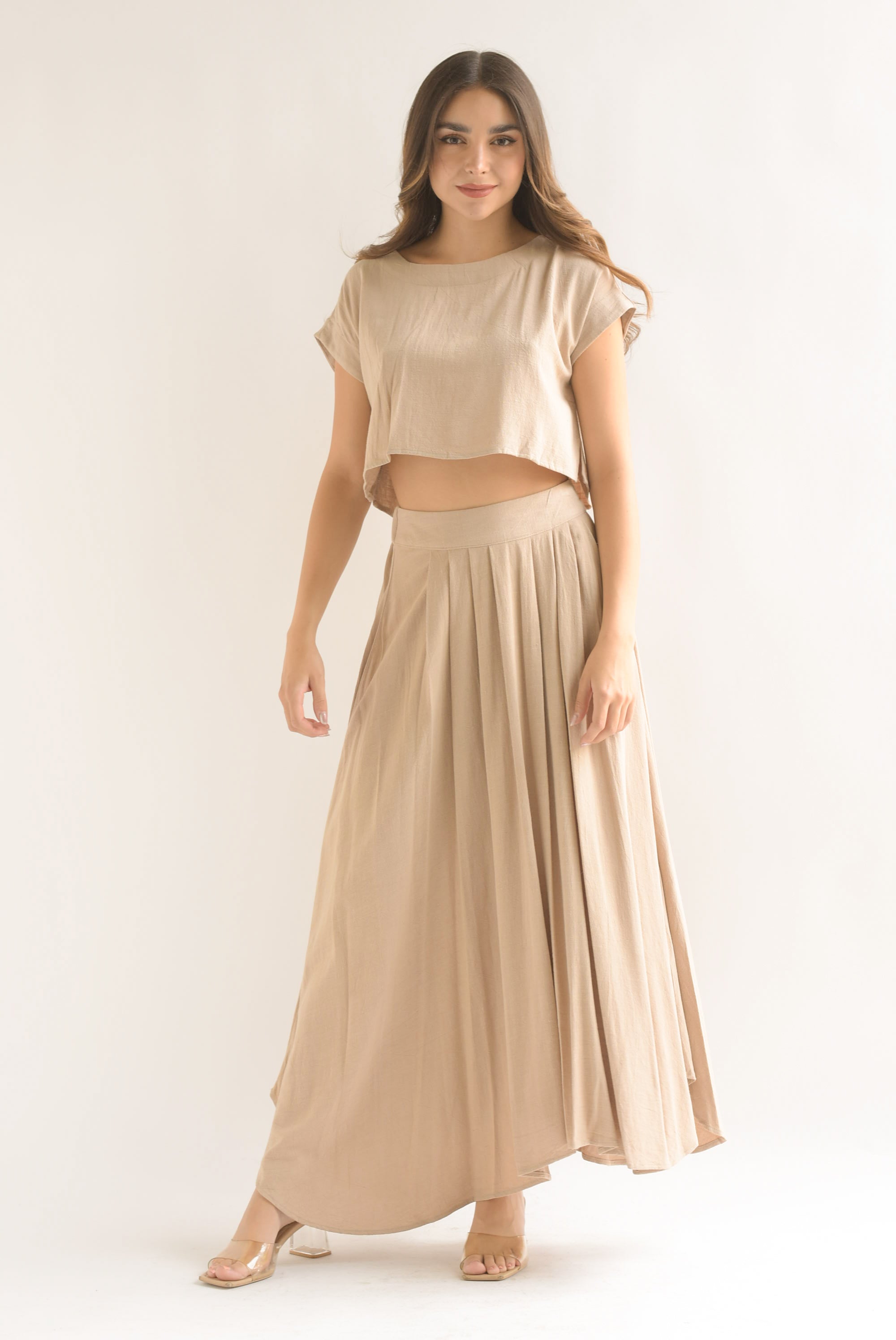 Set Falda pinzas y Blusa corta lino Crudo