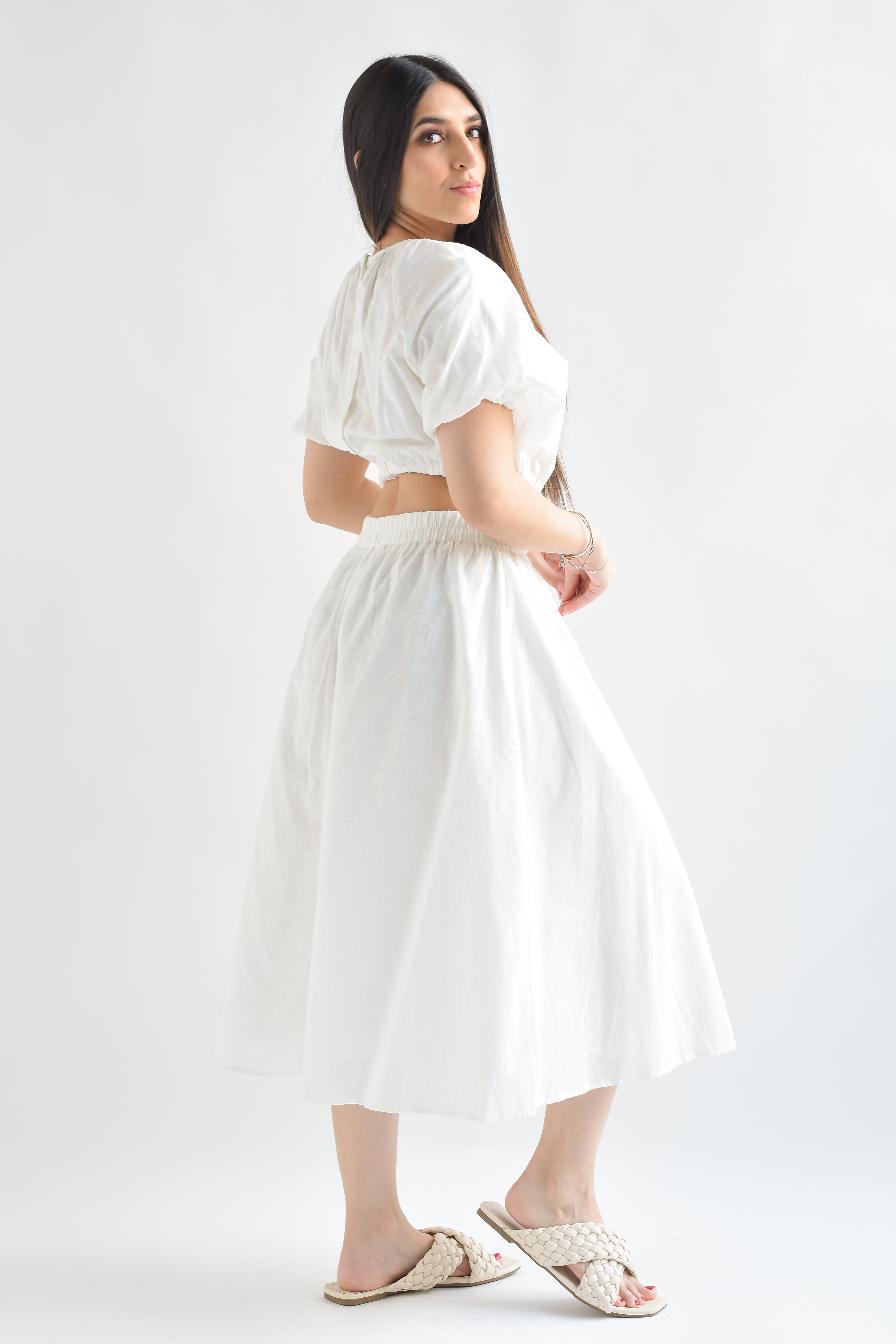 Vestido lino cut-out espalda Blanco