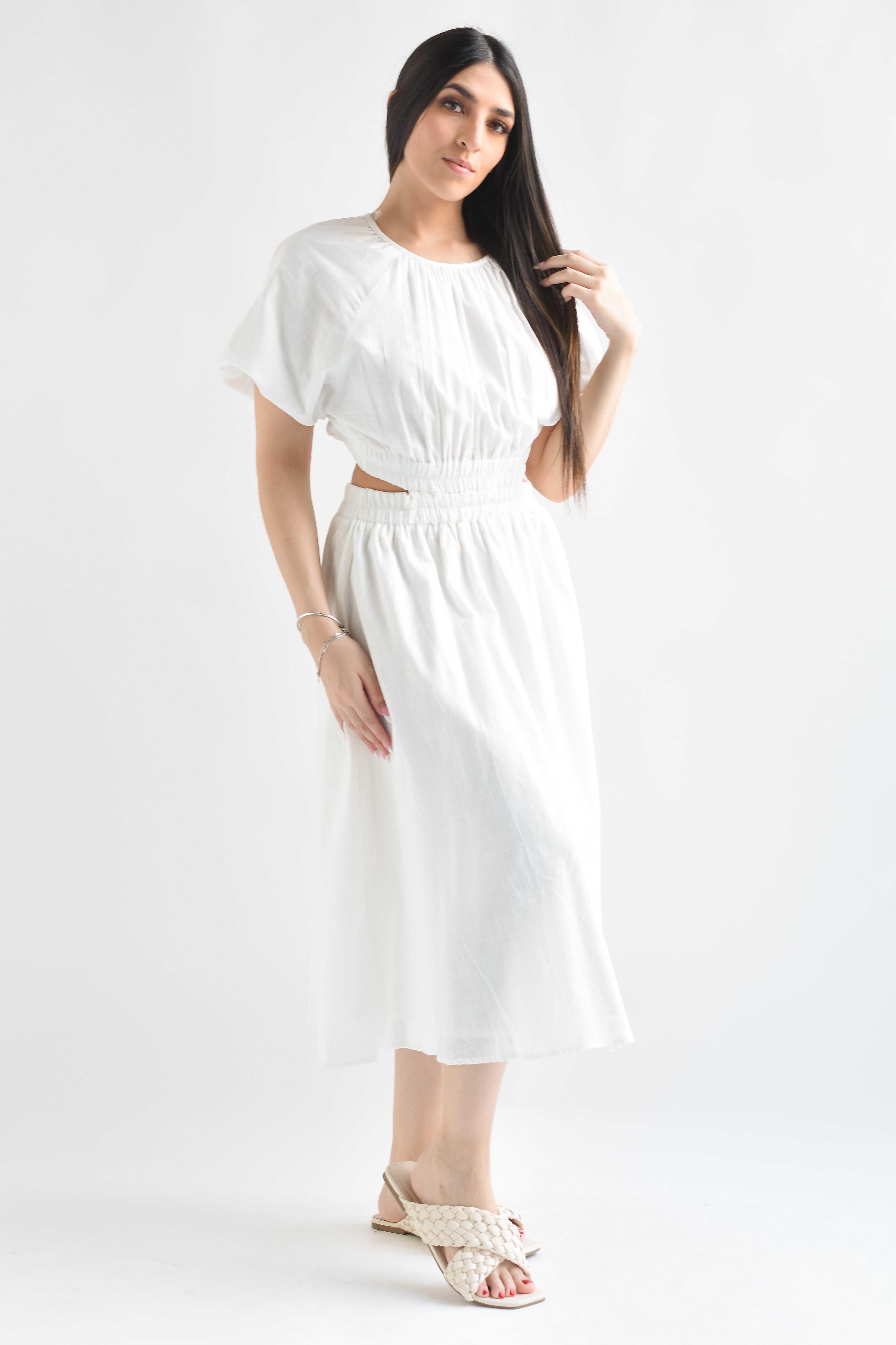 Vestido lino cut-out espalda Blanco