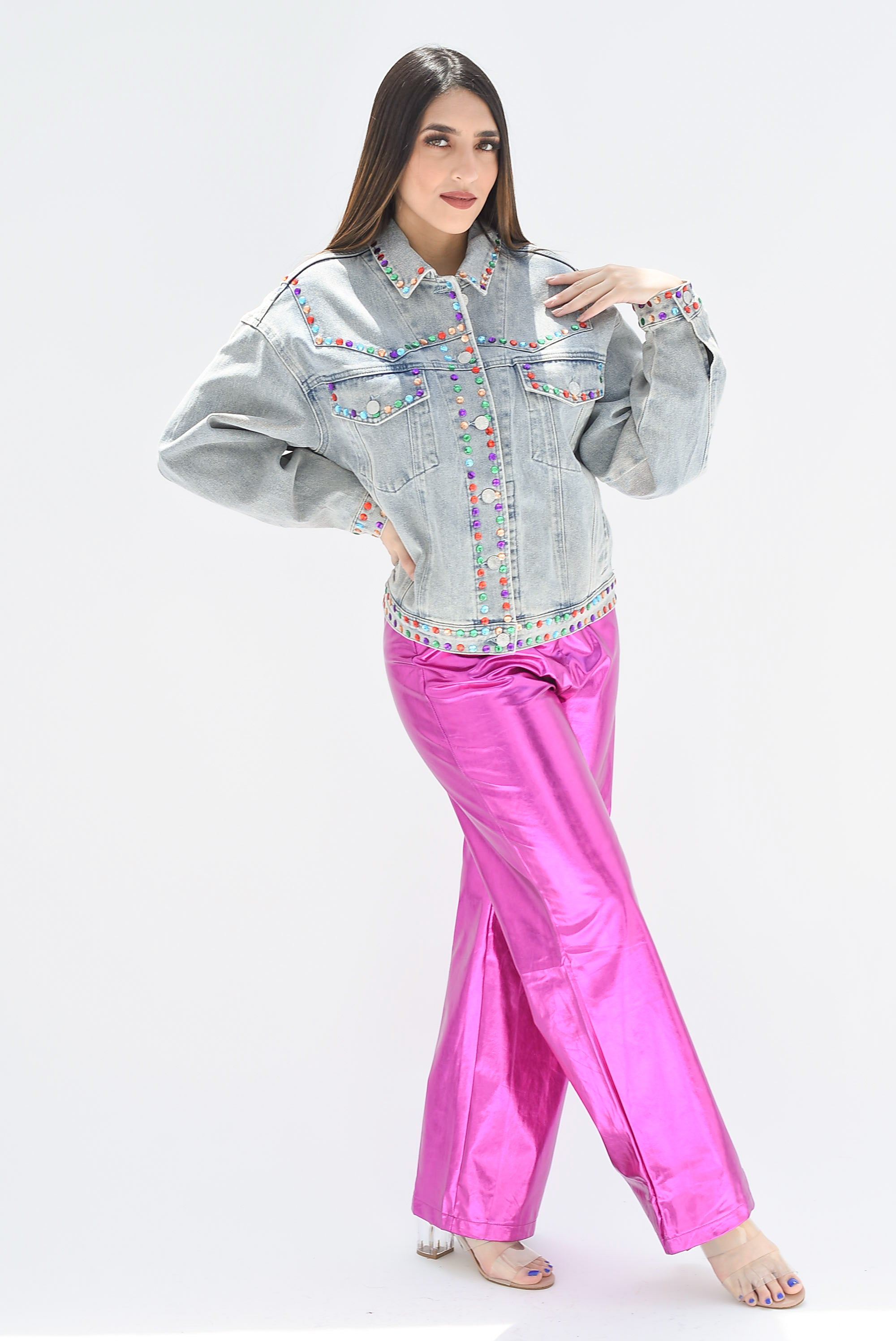 Pantalón pierna ancha metálico Fiusha