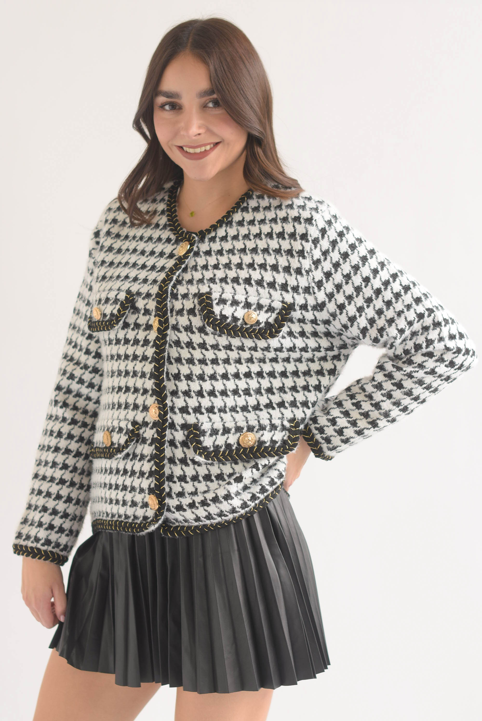 Sweater tipo saco pelo houndstooth Blanco