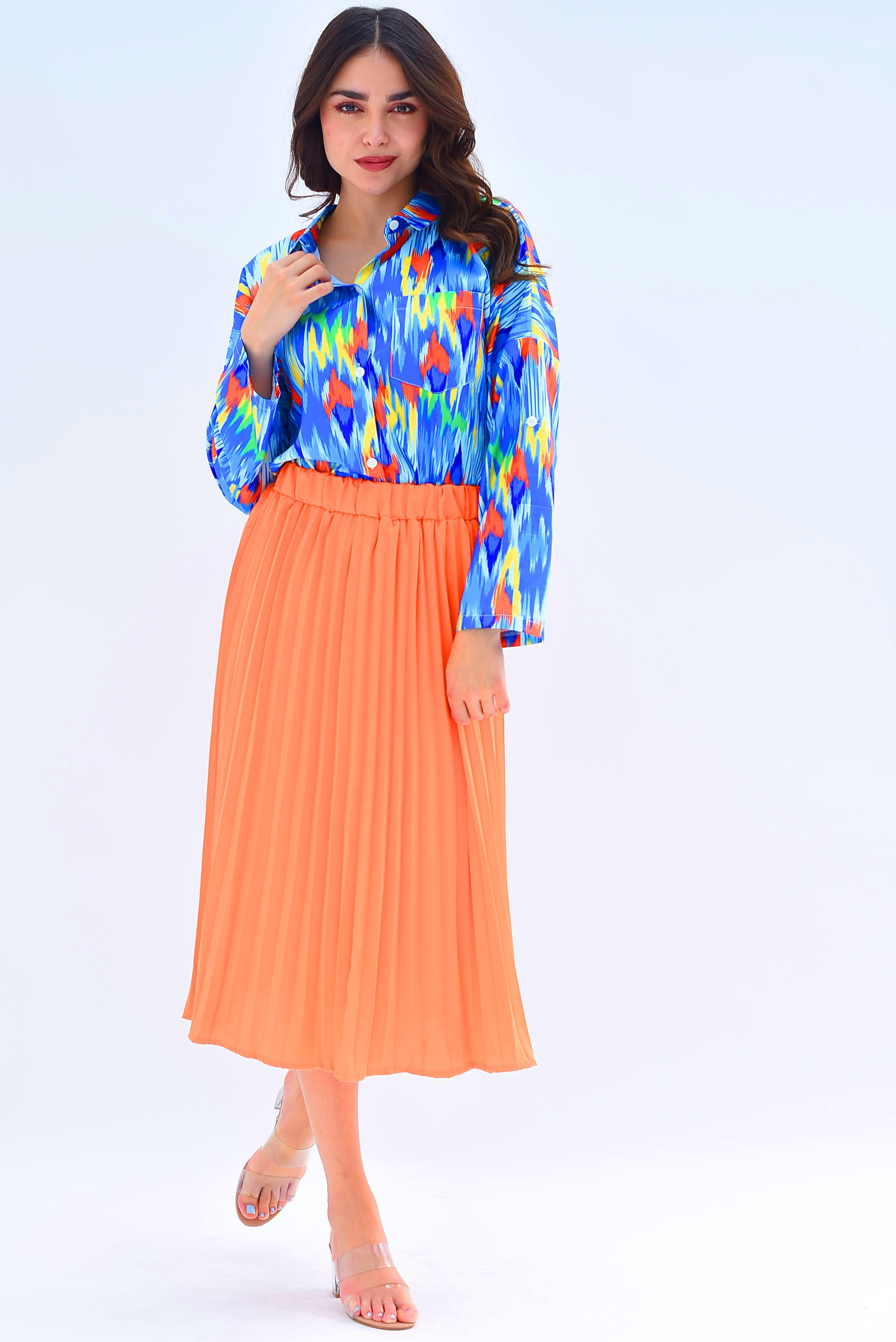 Falda midi plisada Naranja