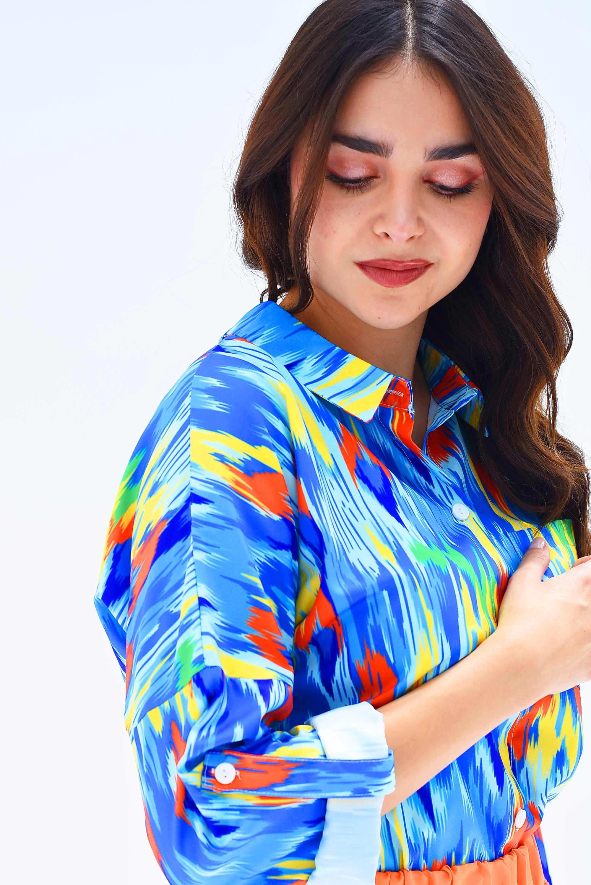 Camisa  brochazos Azul con Naranja