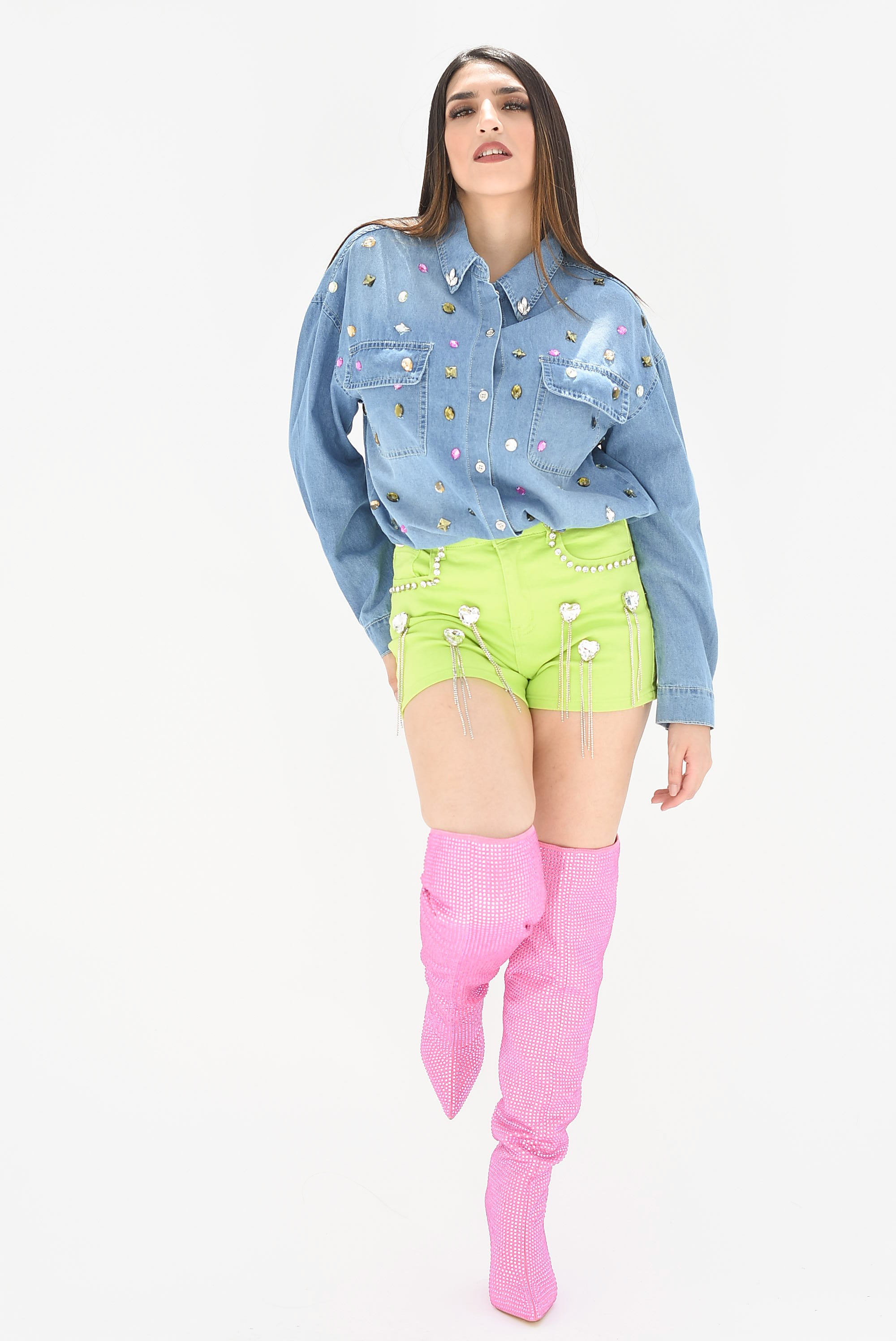 Short Denim corazones joya Lime