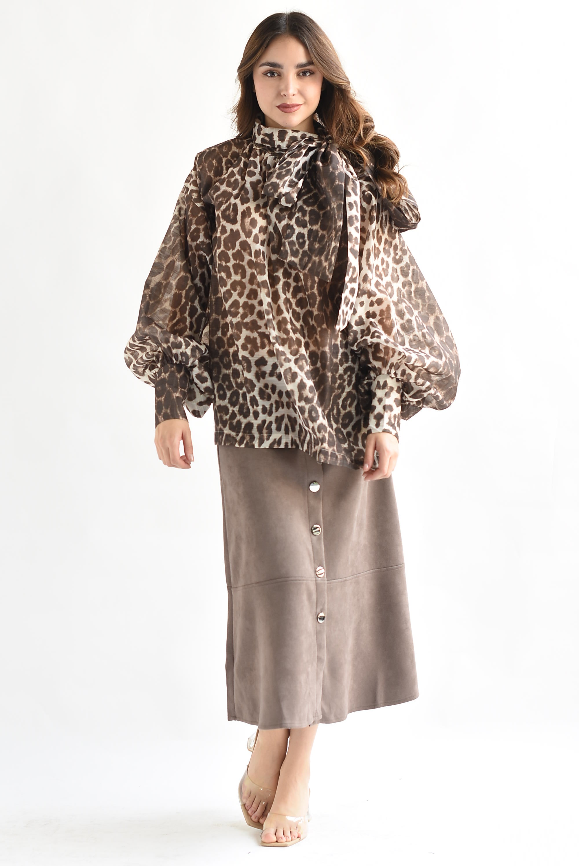 Blusa organza moño  Leopardo Moka