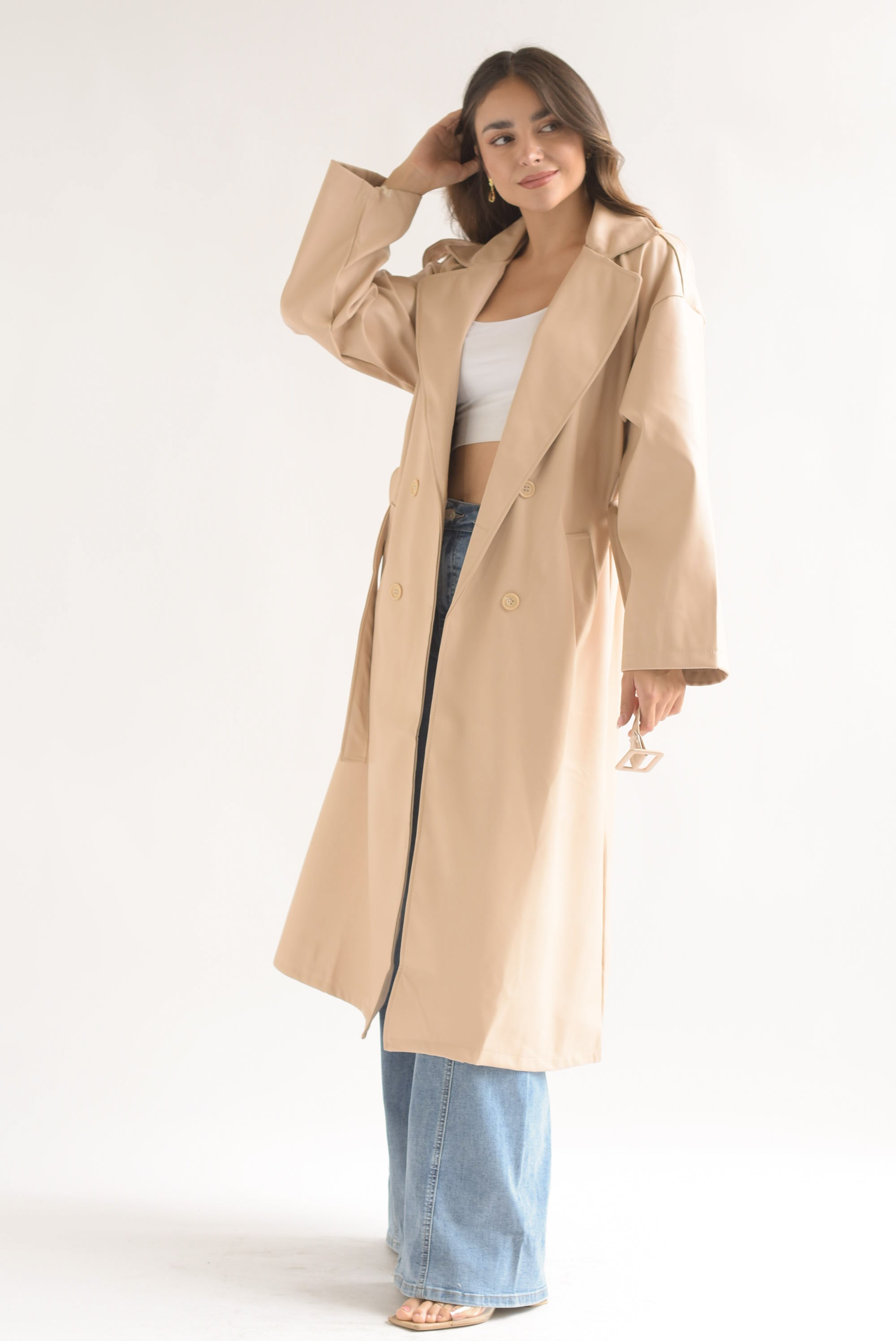 Gabardina larga vinipiel Beige