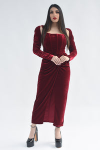 Fashion Styled Vestido terciopelo drapeado Rojo Cereza