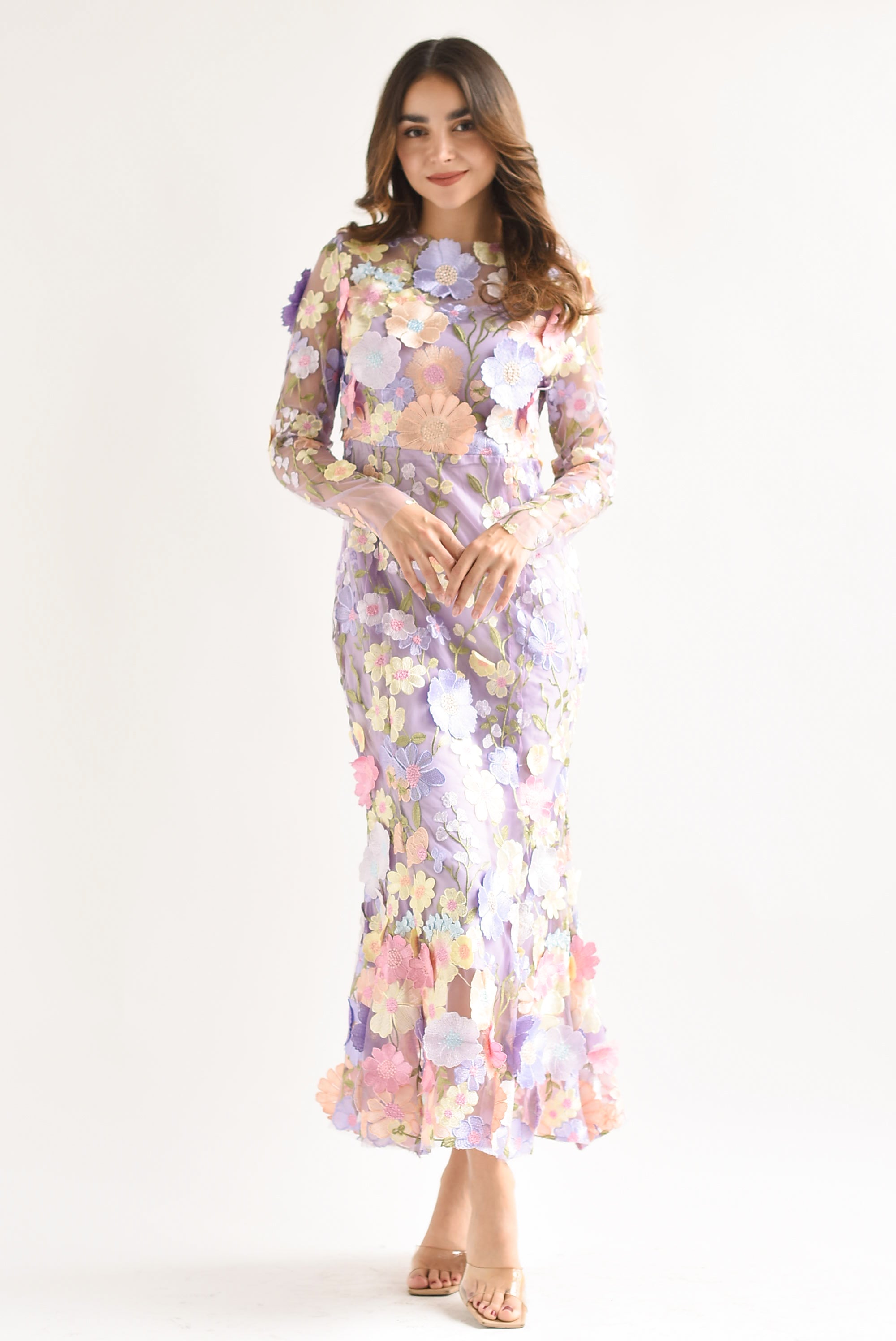 Vestido largo tulle flores Lila