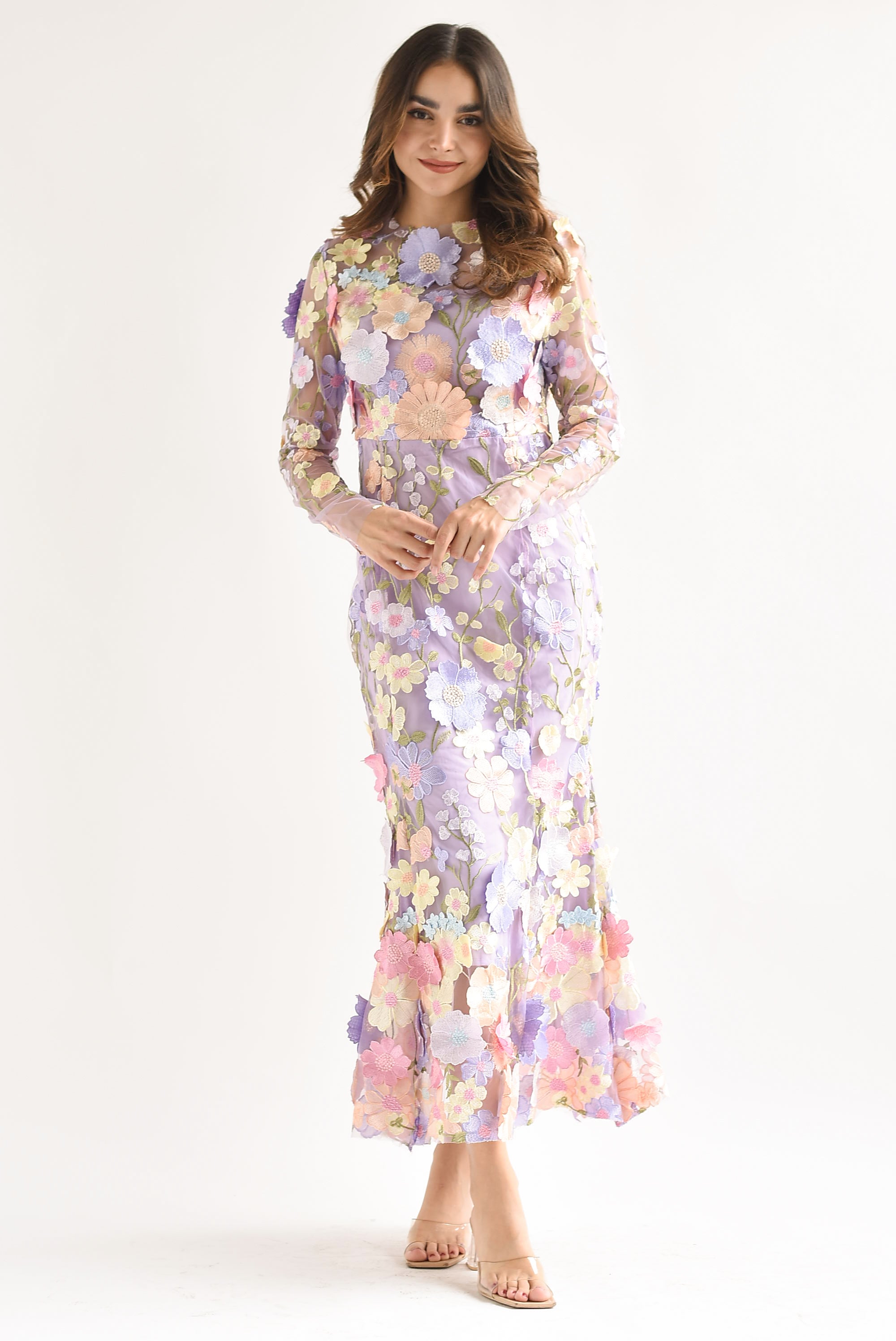 Vestido largo tulle flores Lila