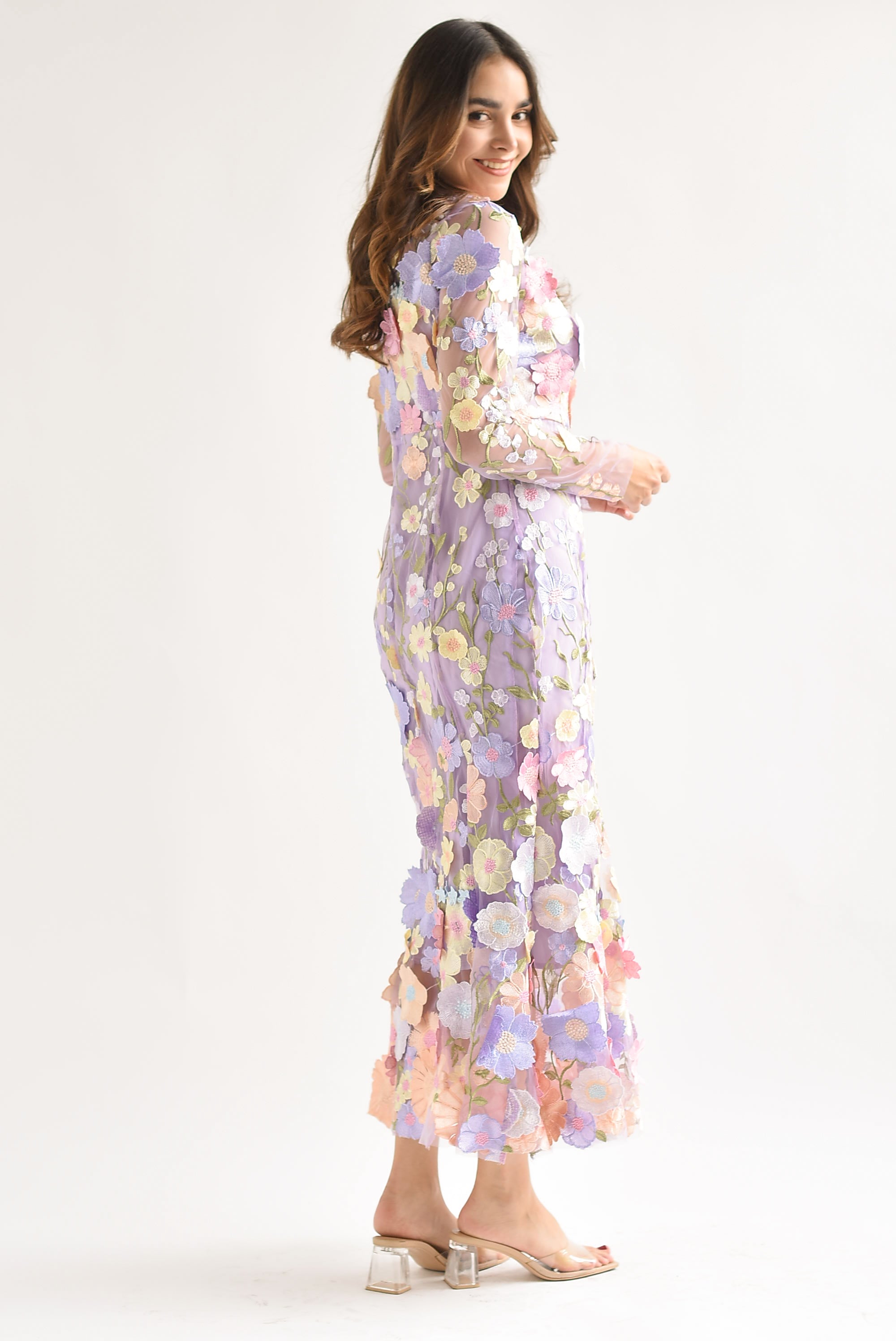 Vestido largo tulle flores Lila