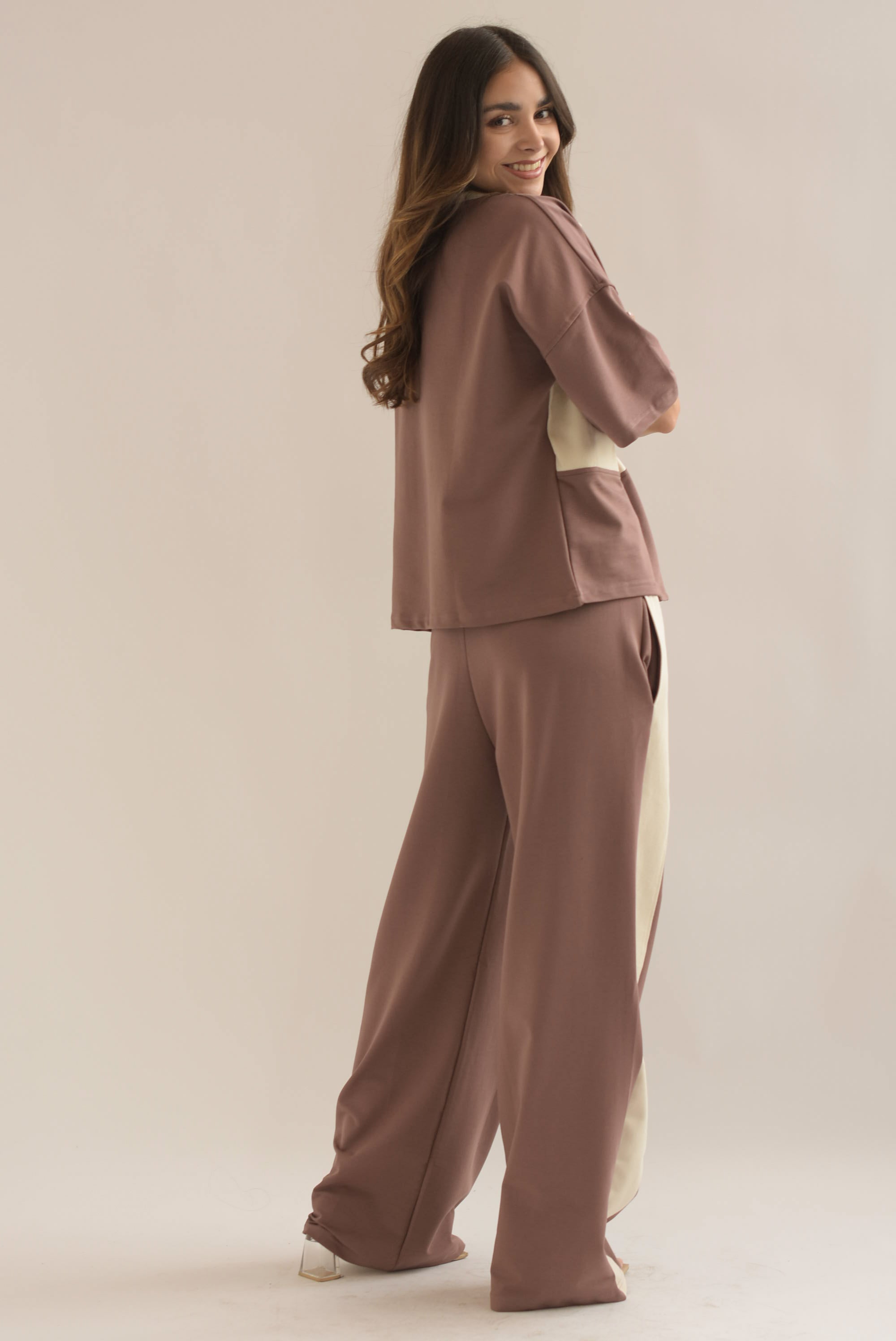 Set Pantalón y Blusa algodón franjas denim Moka