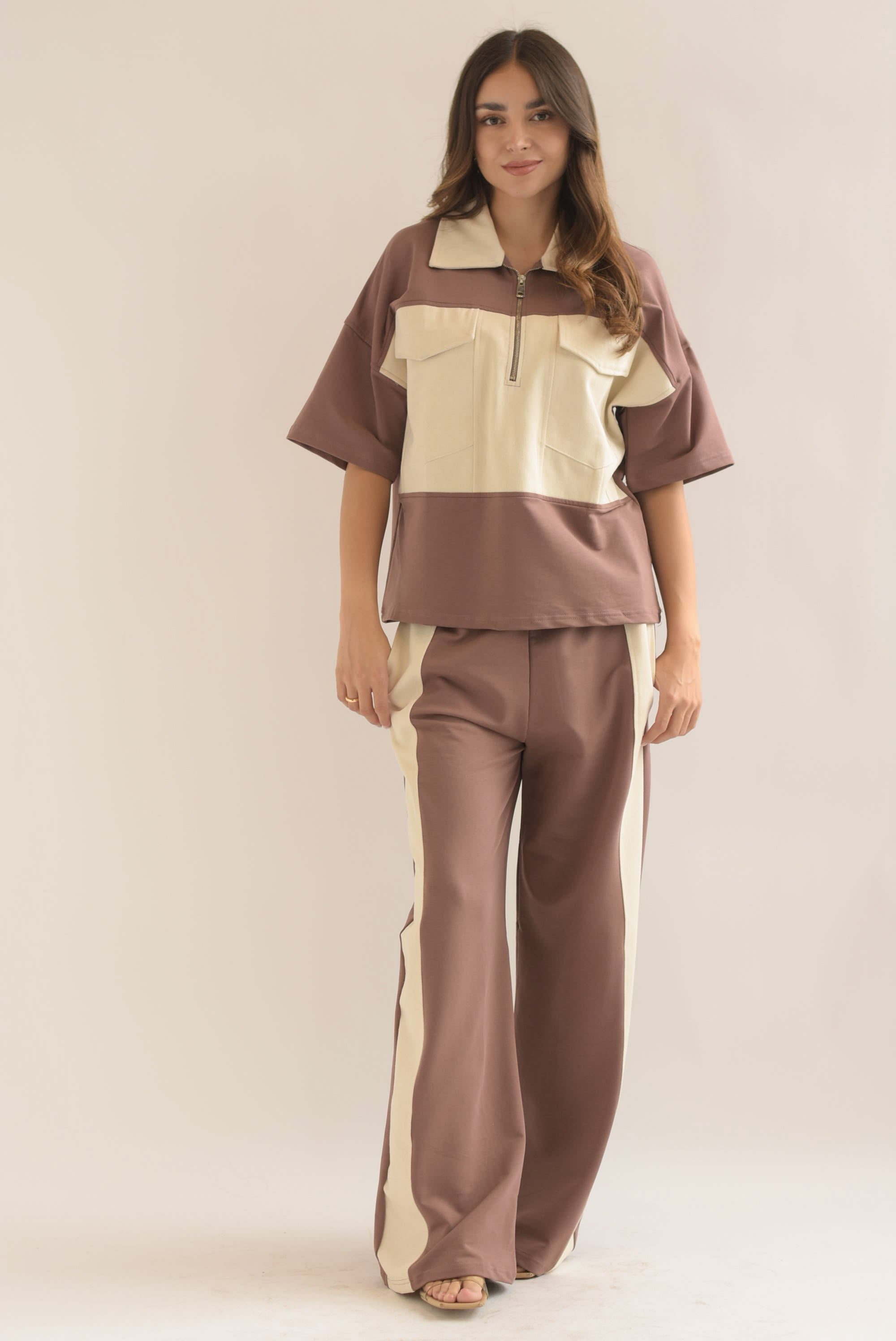 Set Pantalón y Blusa algodón franjas denim Moka