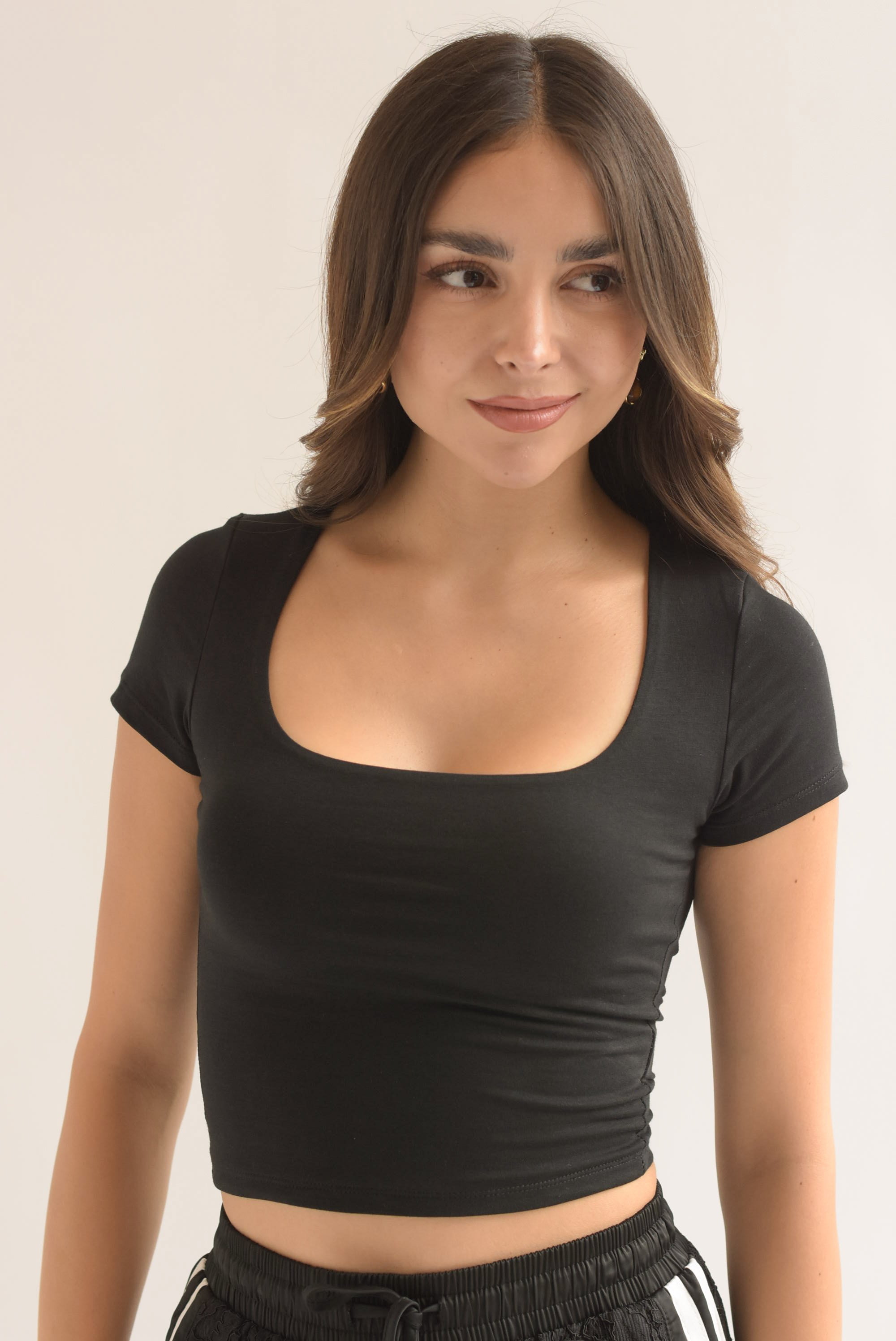 Top algodón stretch manga corta Negro