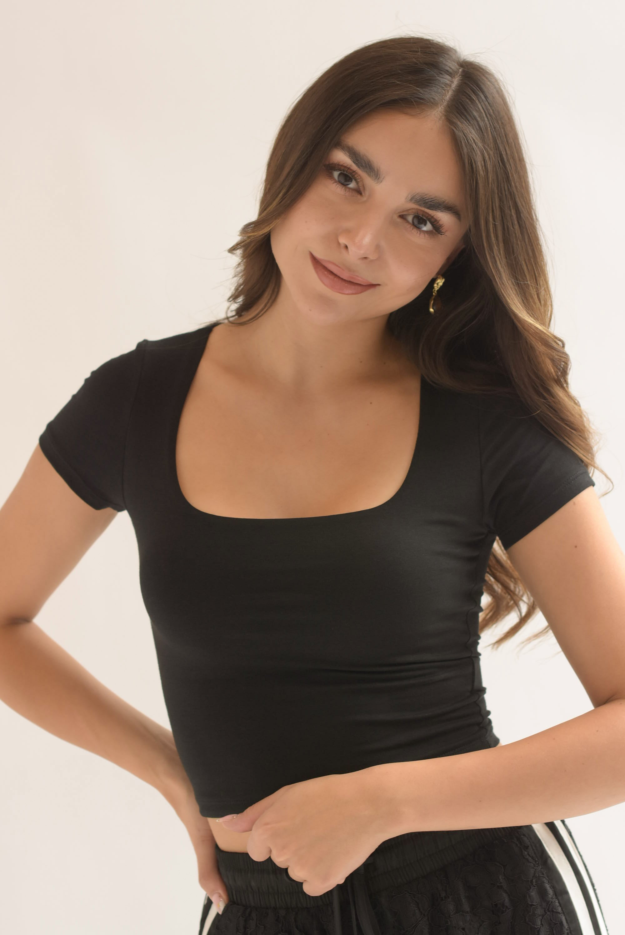 Top algodón stretch manga corta Negro