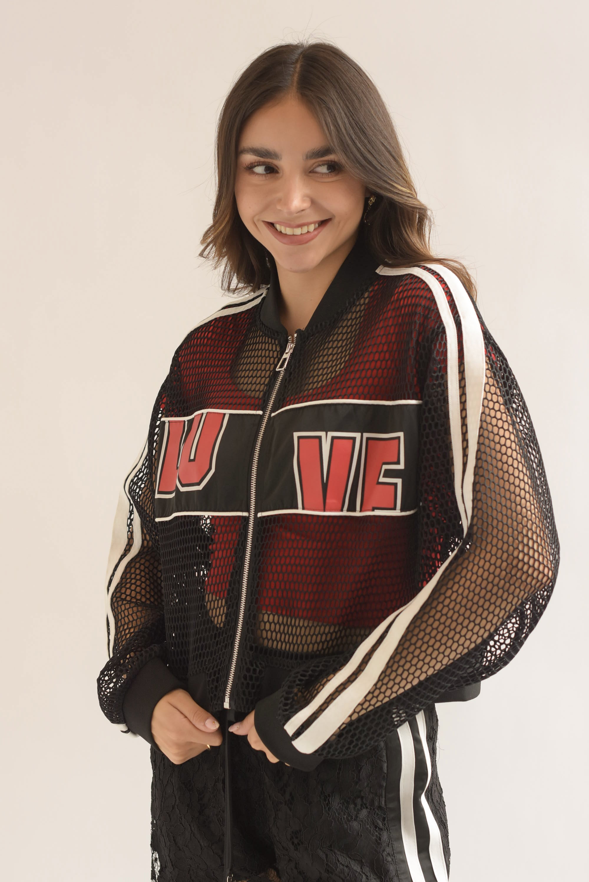 Chamarra Bomber red track Negro