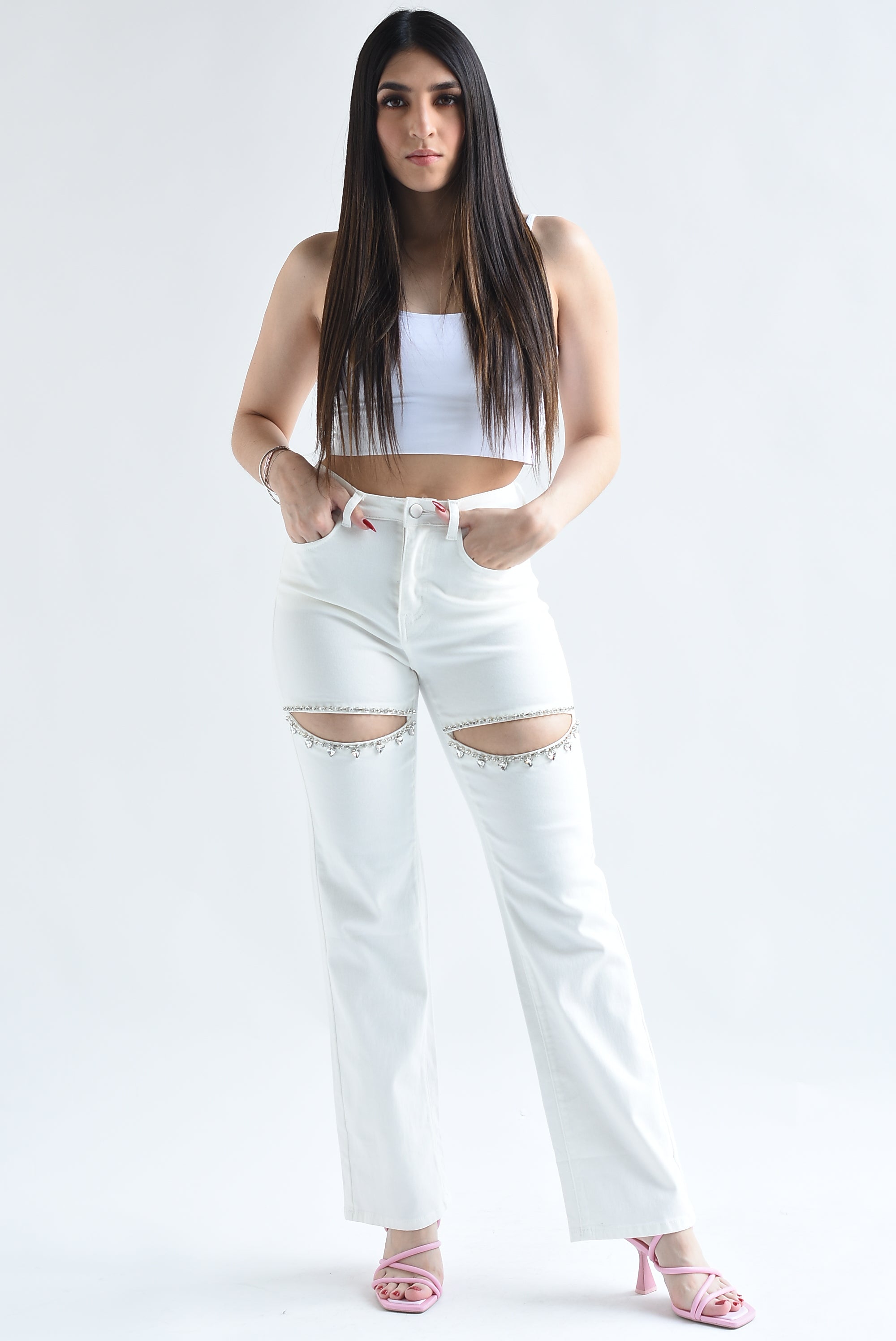 Jeans cut-out con joya Blanco