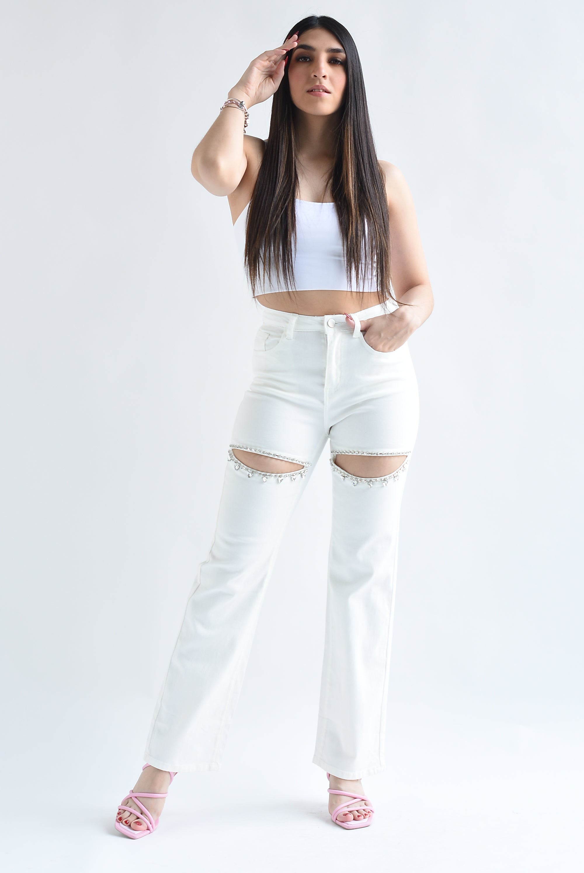 Jeans cut-out con joya Blanco