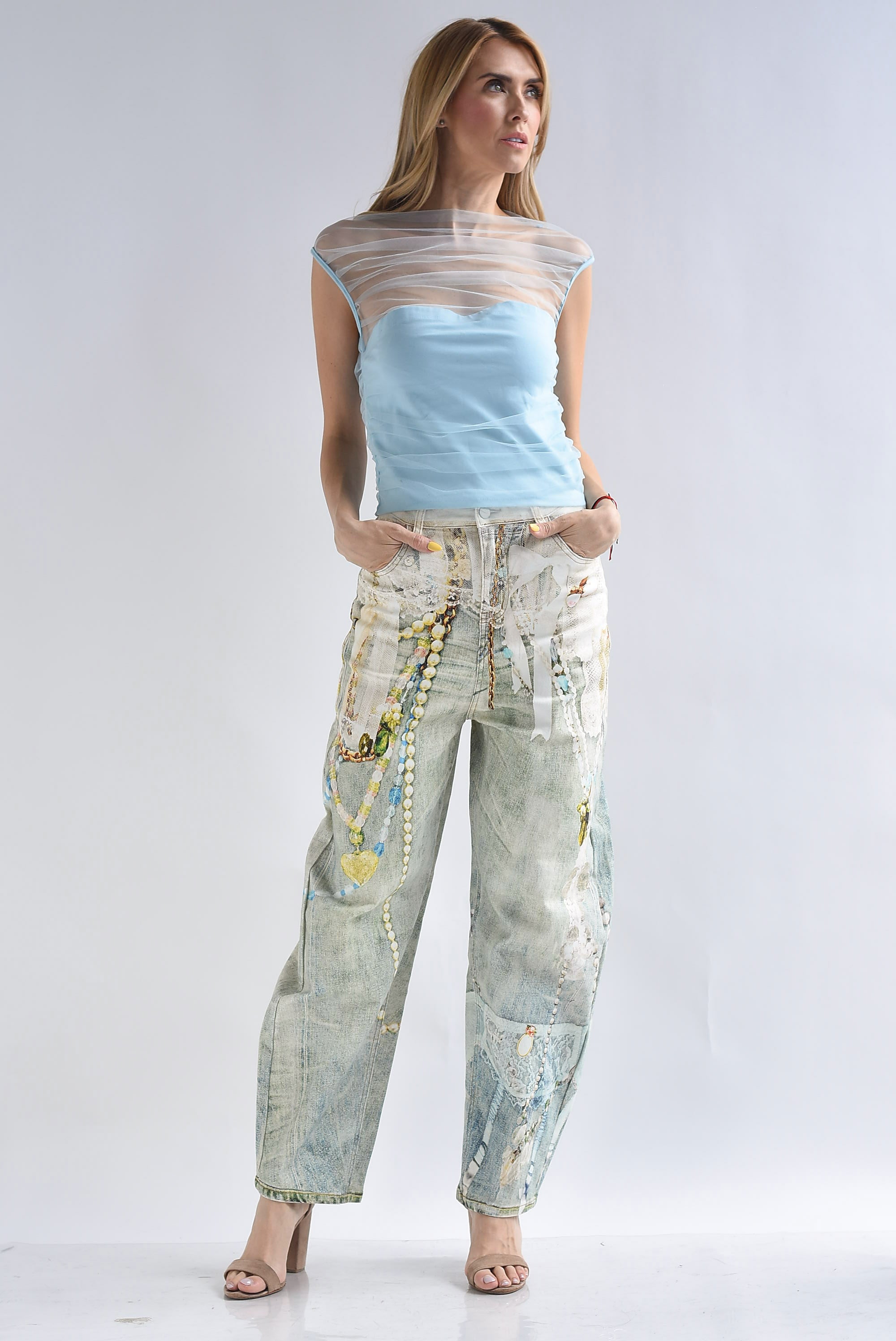 Jeans barrel print encaje y perlas