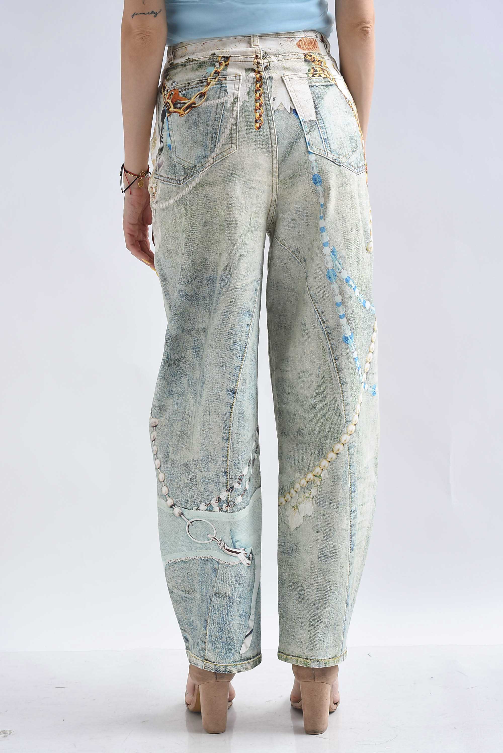Jeans barrel print encaje y perlas