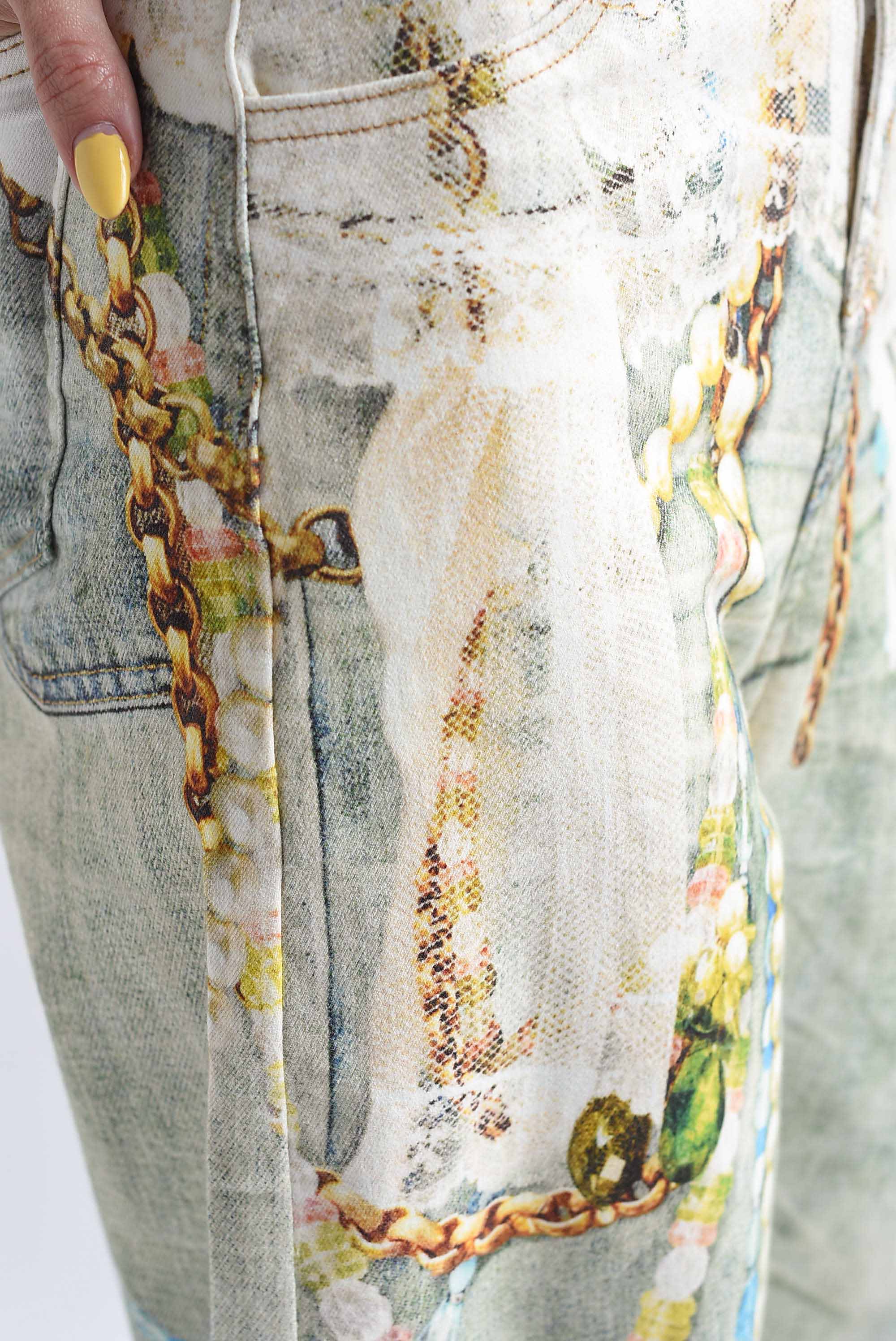 Jeans barrel print encaje y perlas