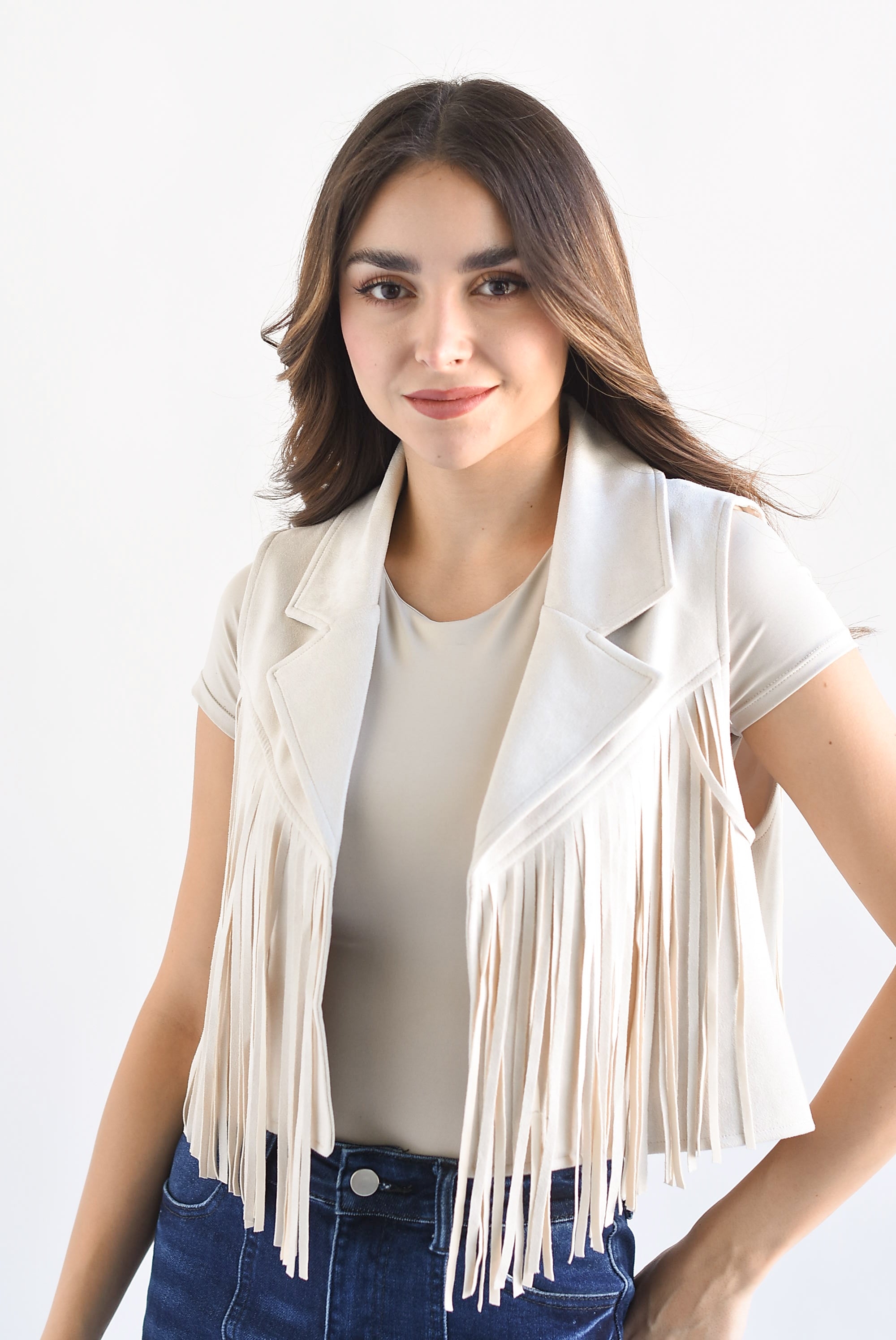 Chaleco solapa  flecos suede Ivory
