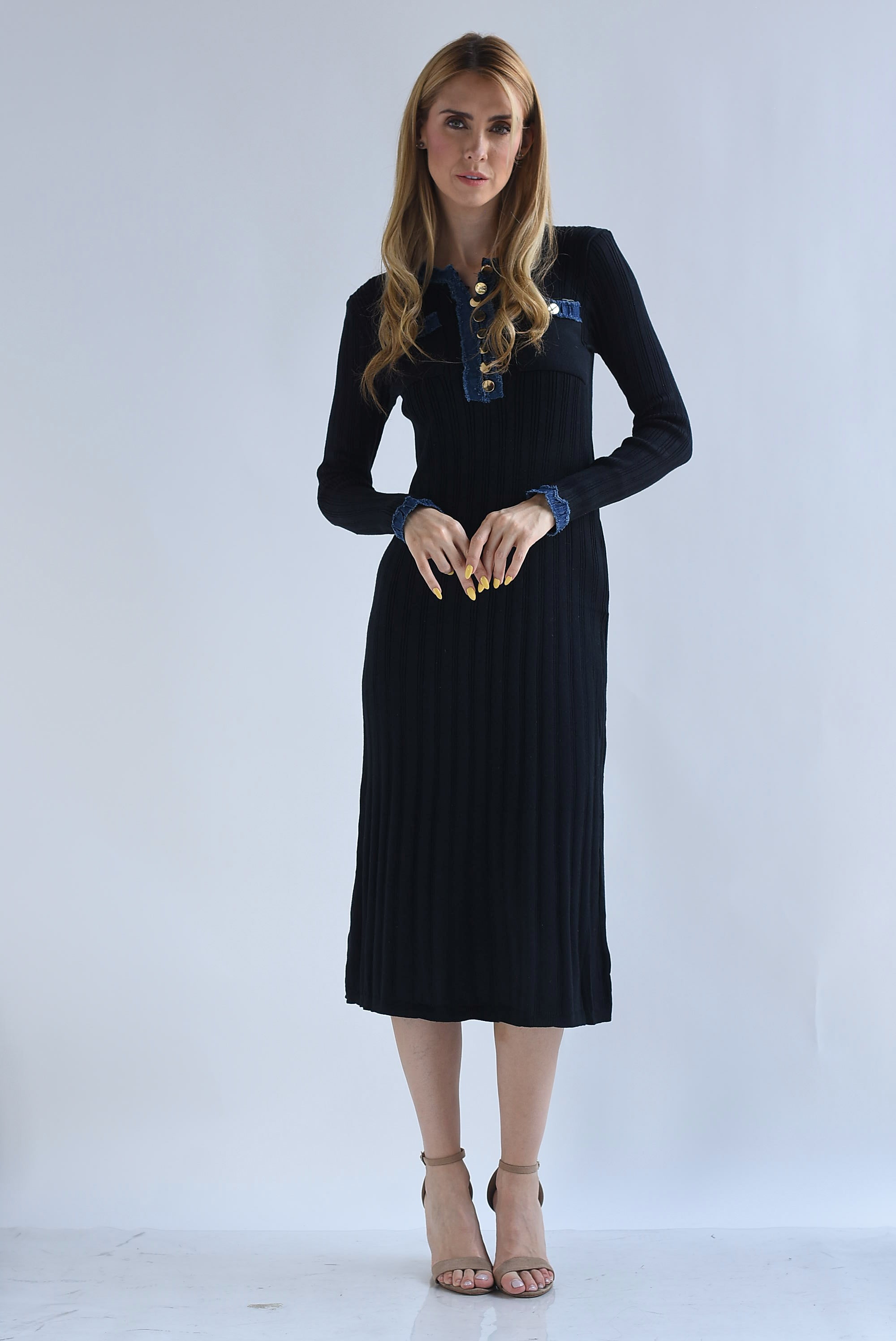 Vestido punto manga larga filo Denim