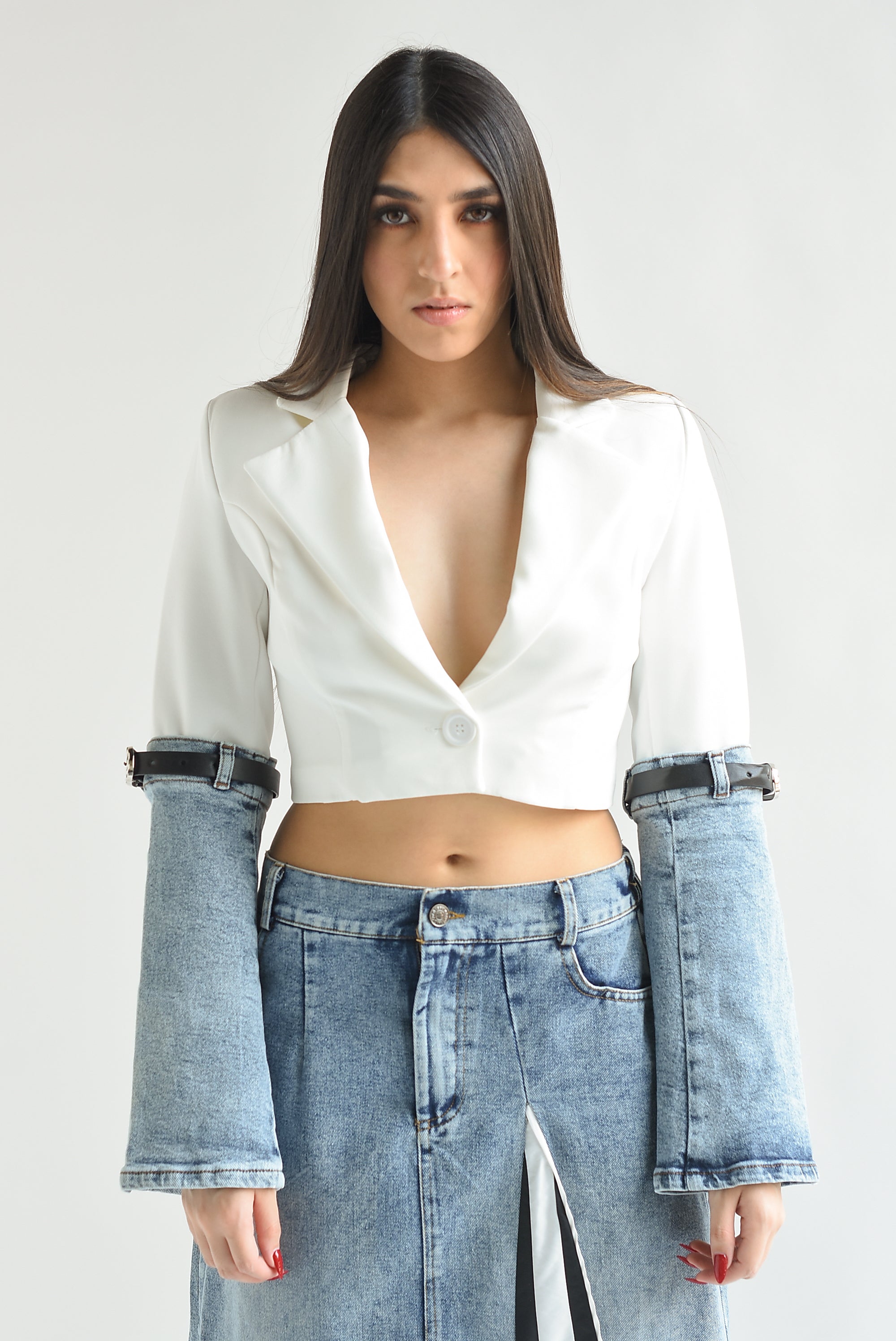 Blazer crop mangas Denim Blanco