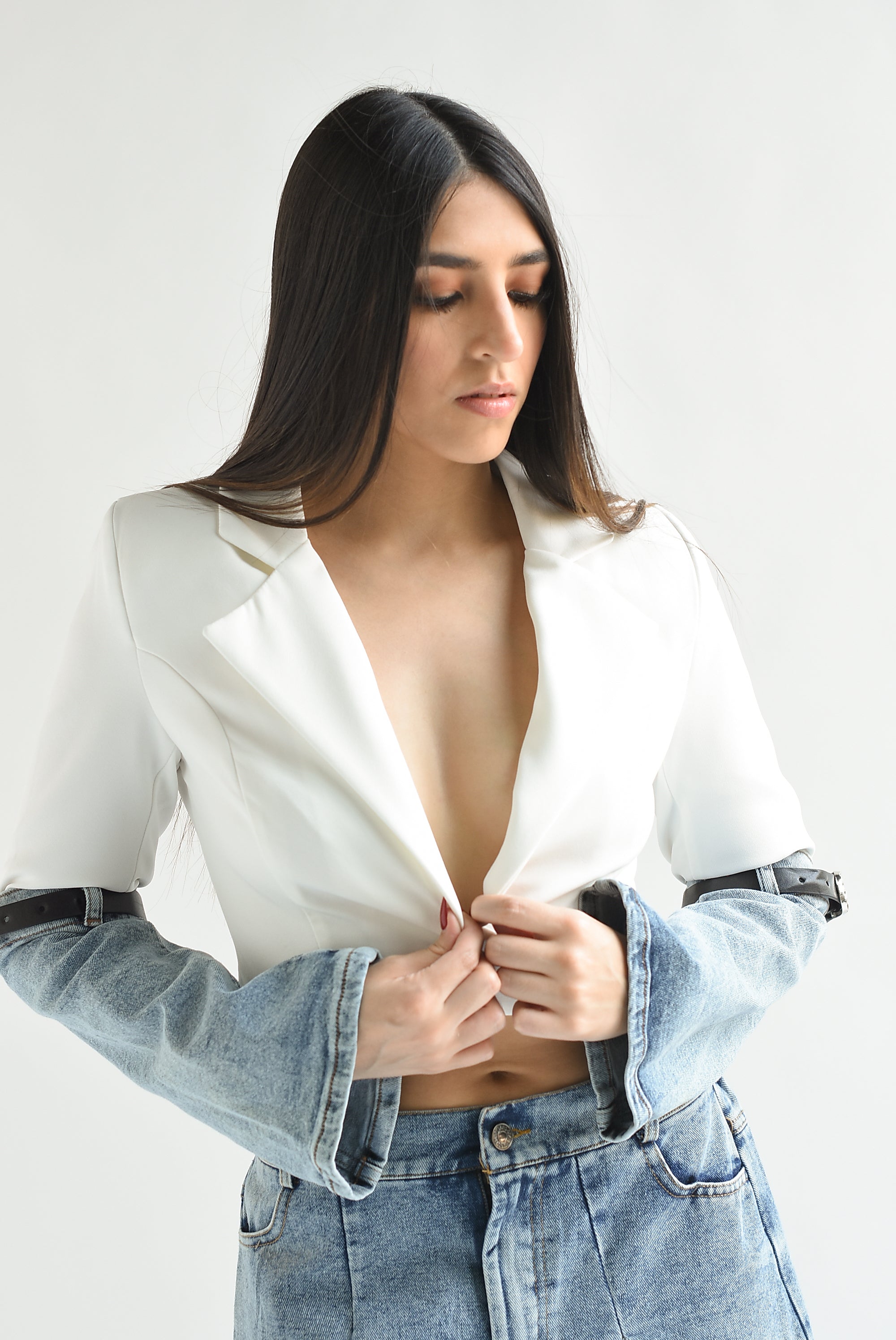 Blazer crop mangas Denim Blanco