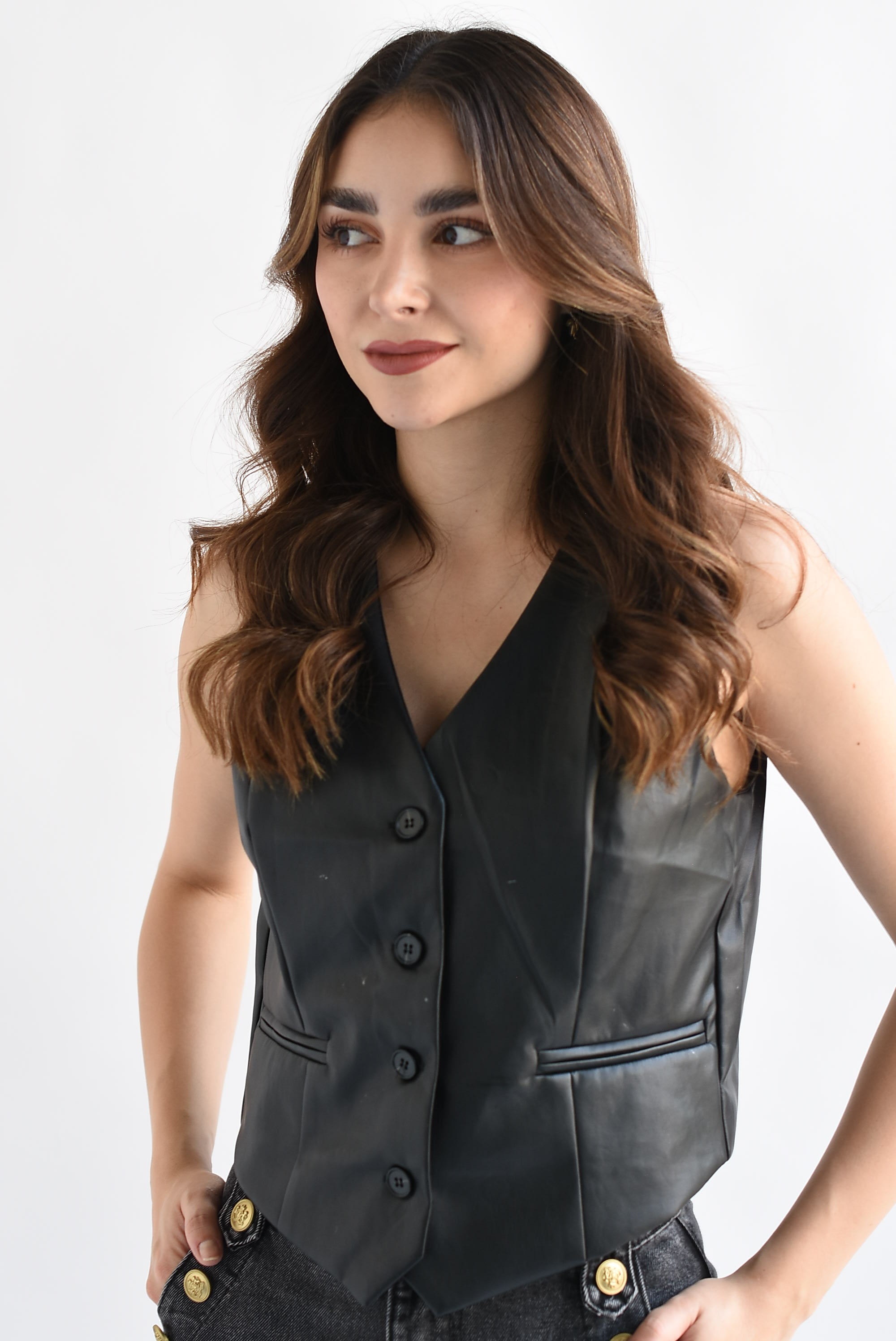 Chaleco vinipiel botones Negro