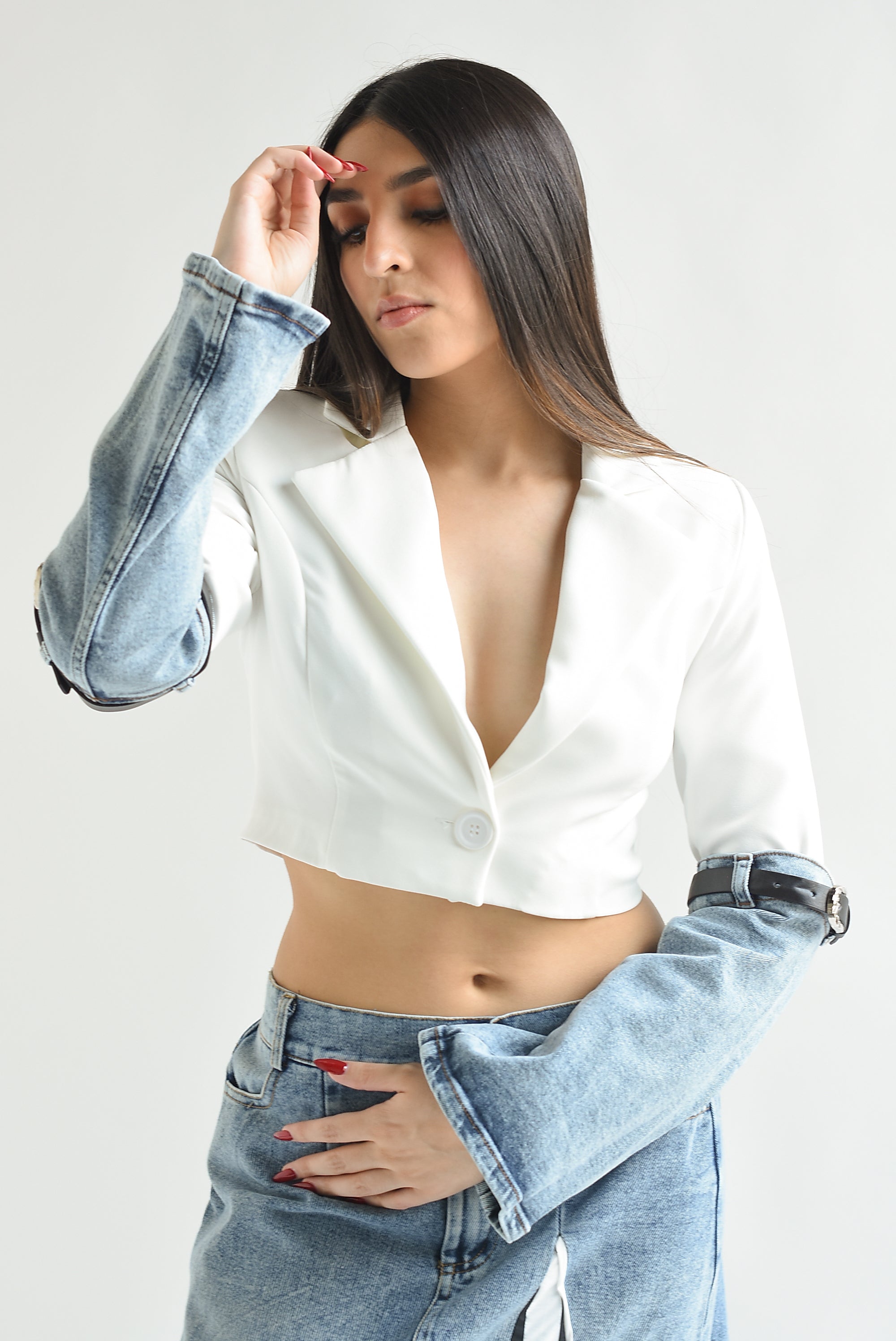 Blazer crop mangas Denim Blanco