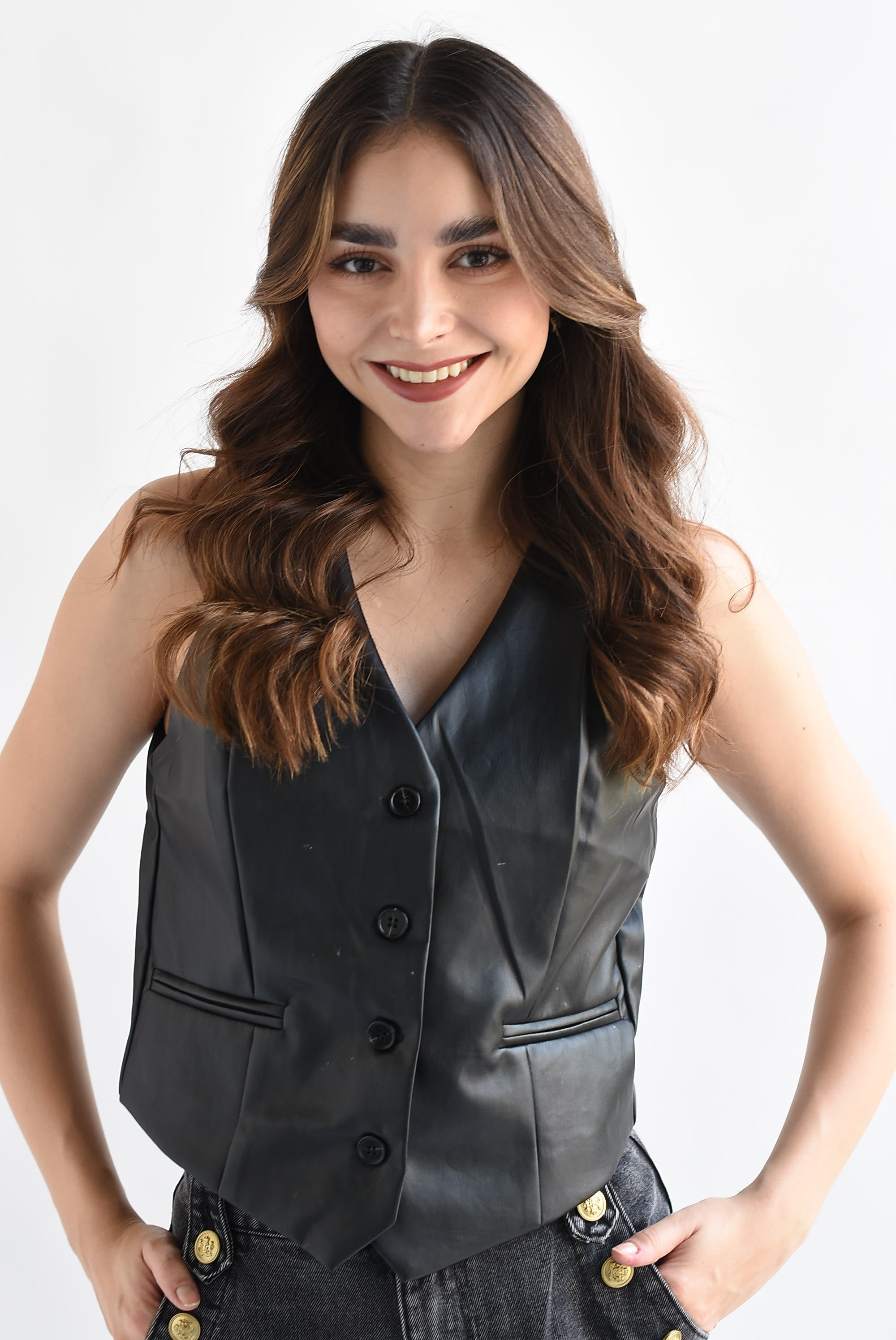 Chaleco vinipiel botones Negro