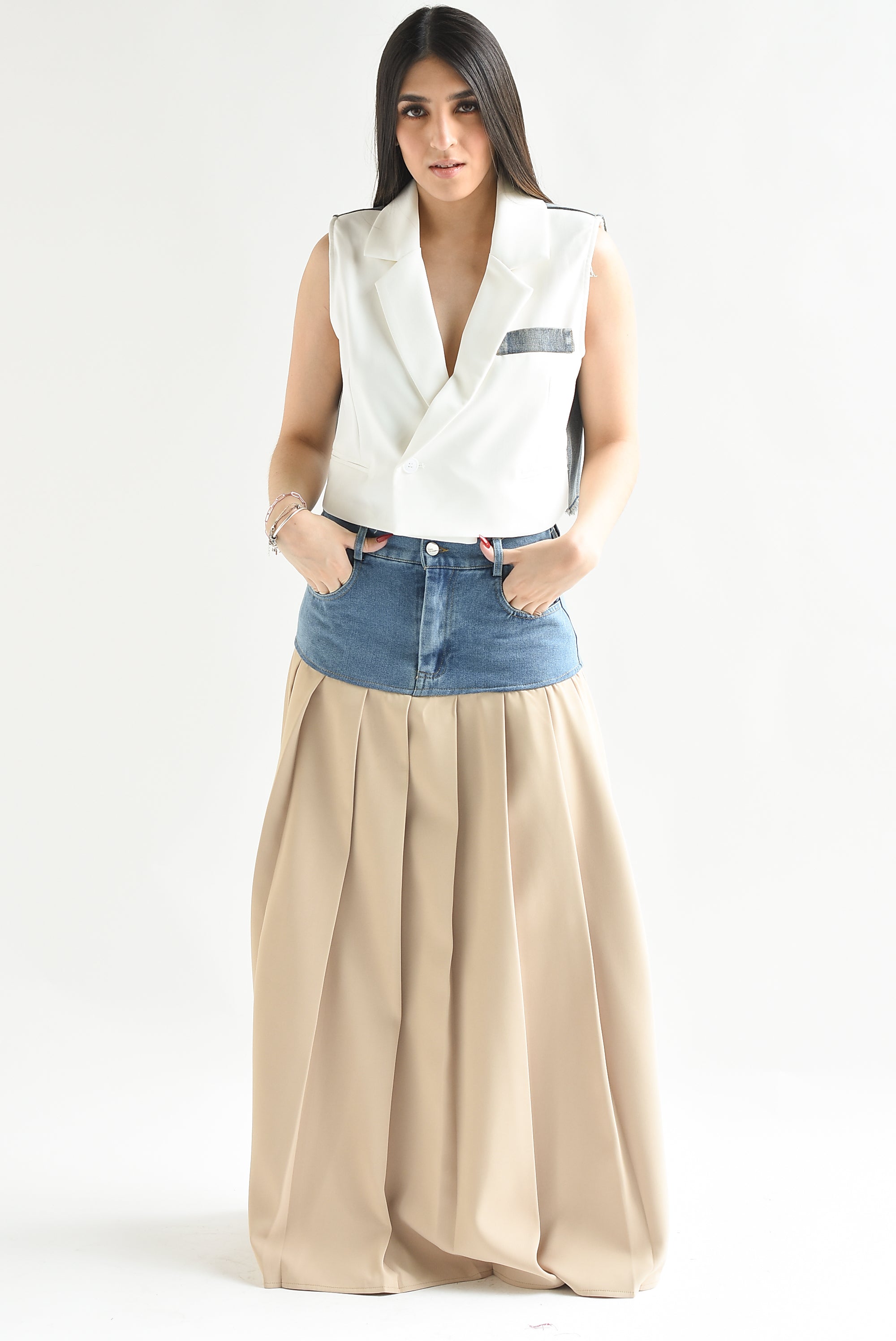 Falda midi Kaki con Denim