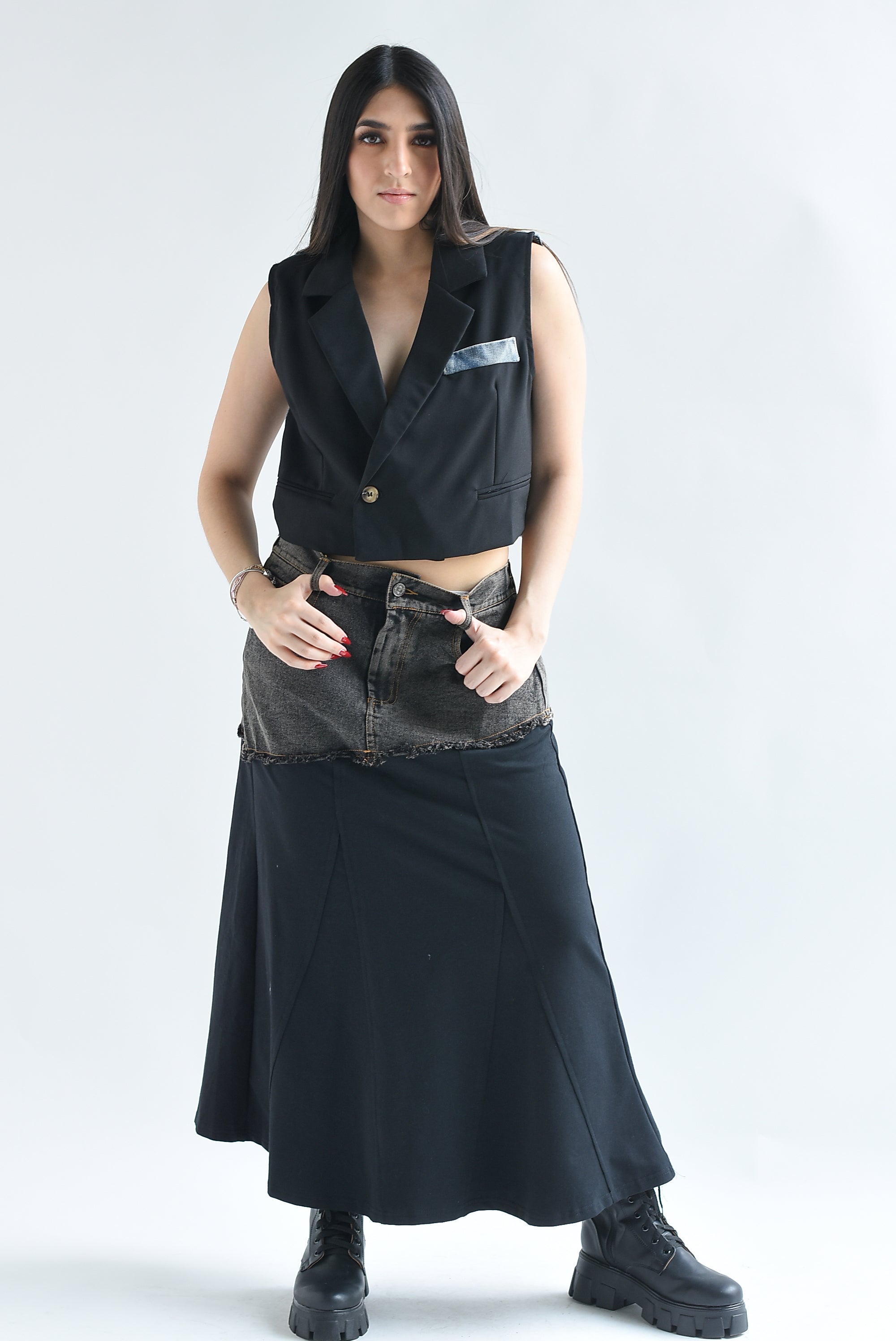 Falda Denim con Algodón Negra