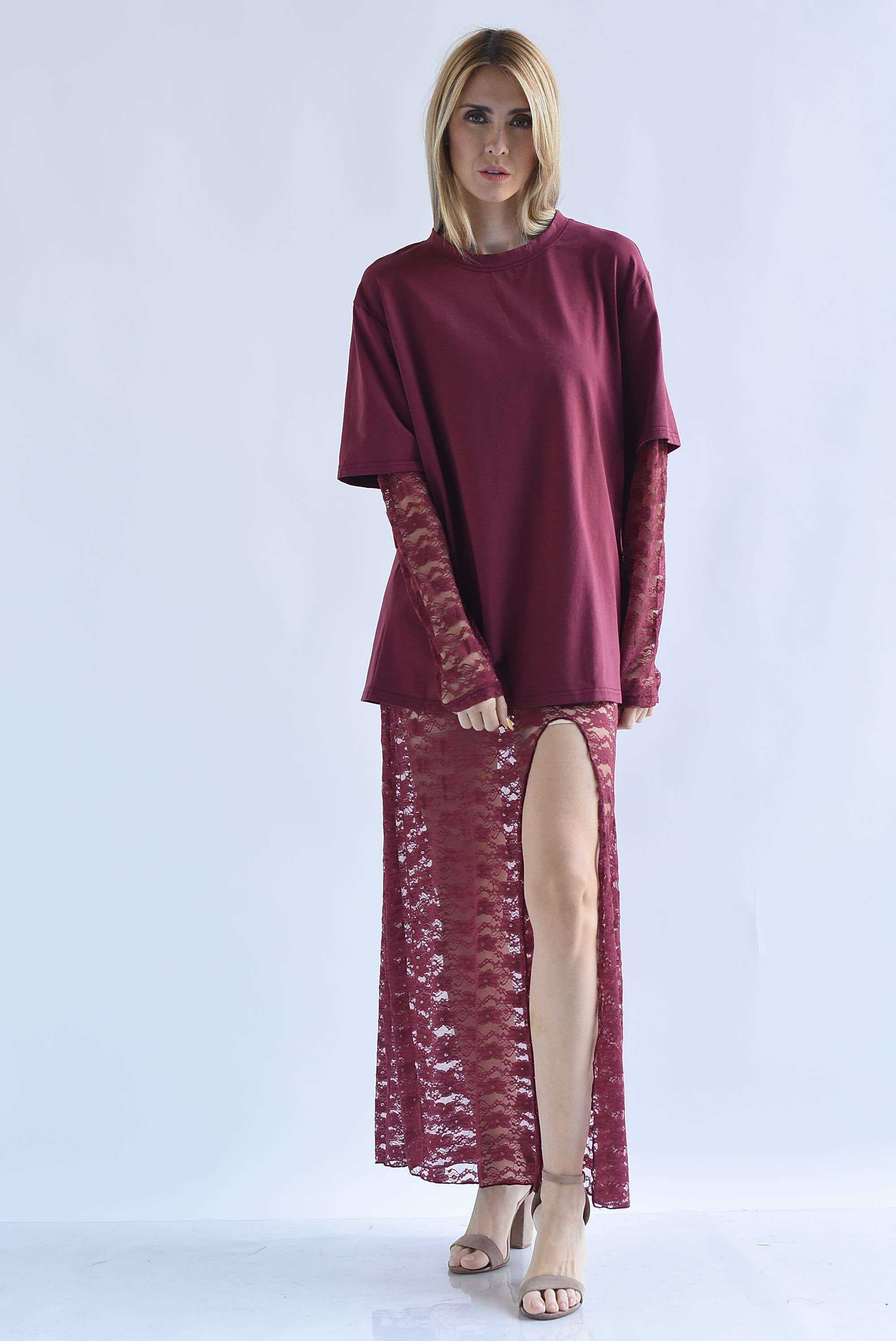 Set Vestido encaje y T-Shirt dress manga encaje