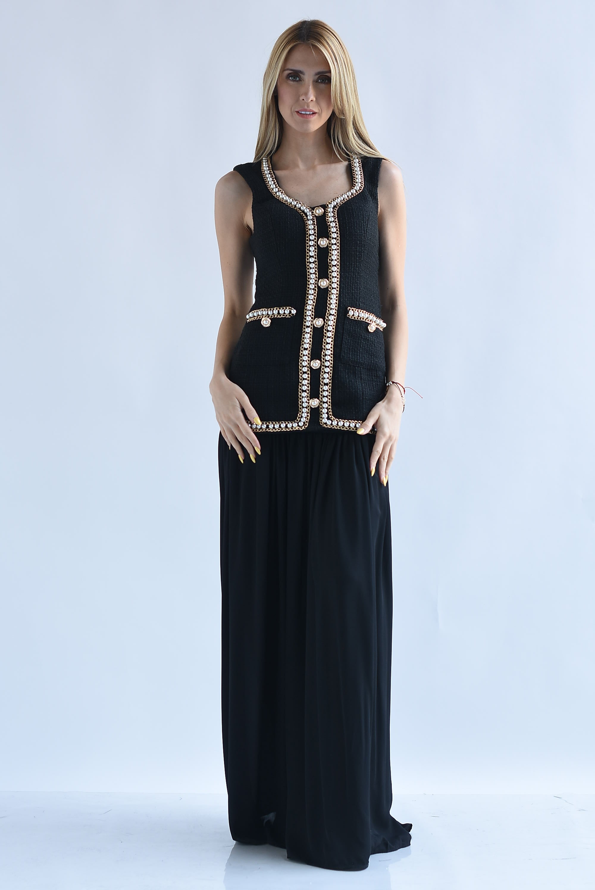 Vestido torso largo tweed perlas